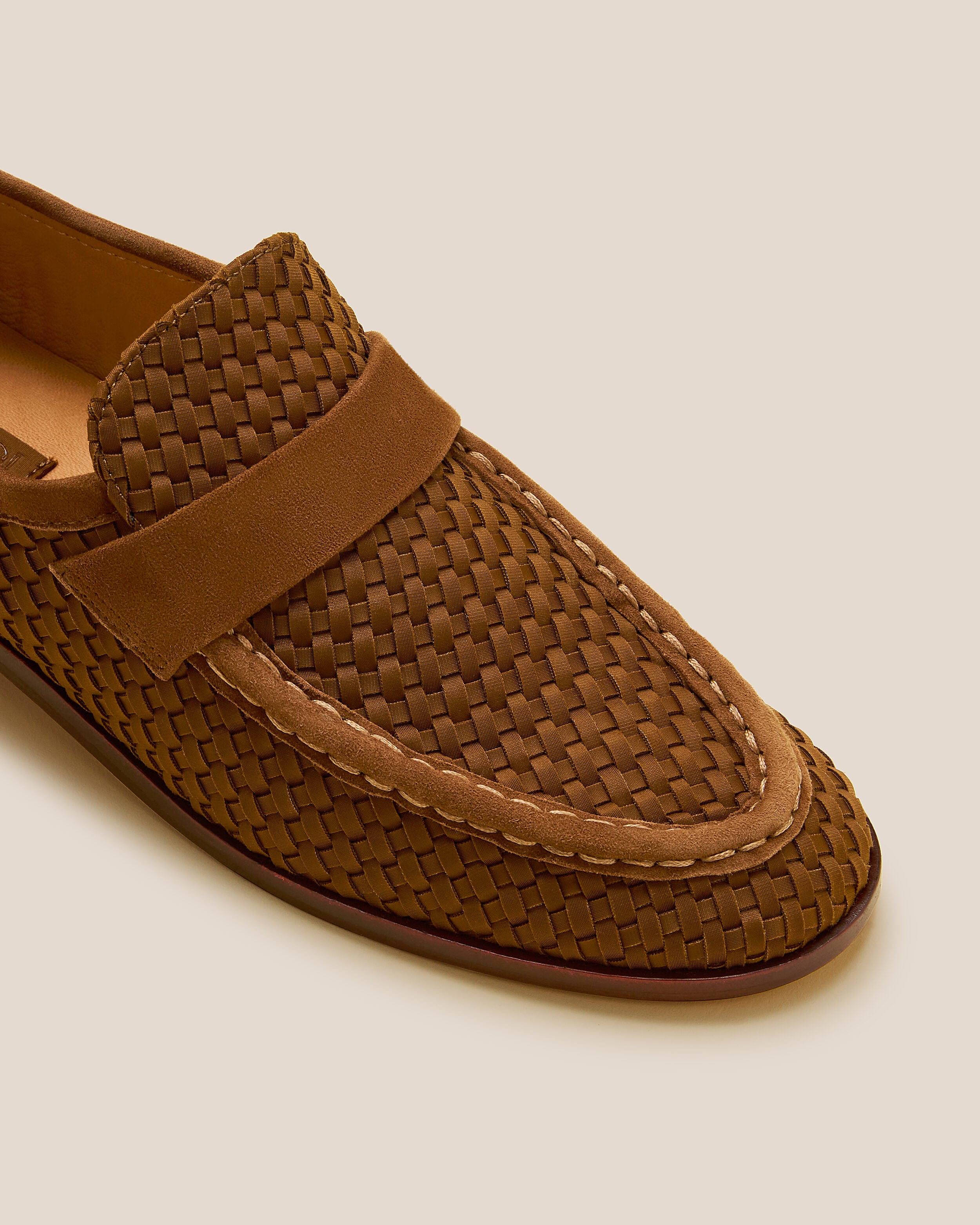 Close-up of The Sonoma Loafer in Teak showing its closed toe and round silhouette.