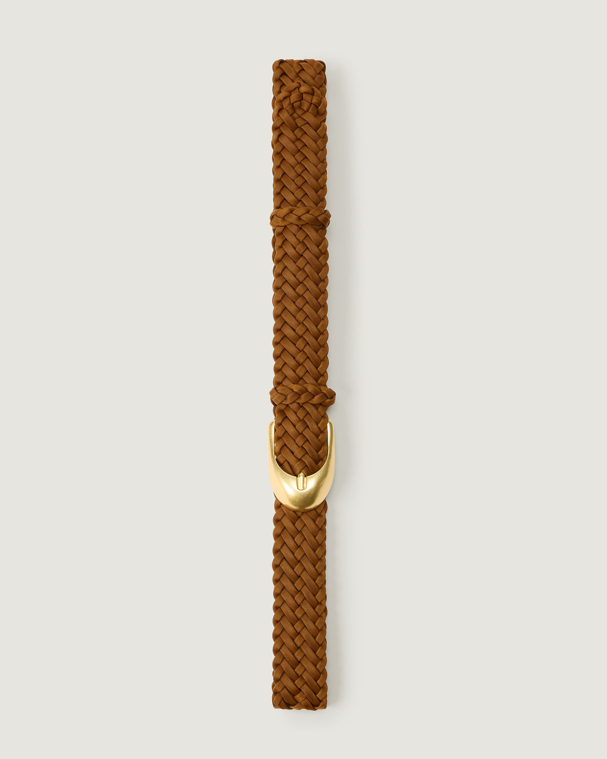 Long view of Sonora Belt in Teak, a handwoven neoprene belt with brushed gold hardware