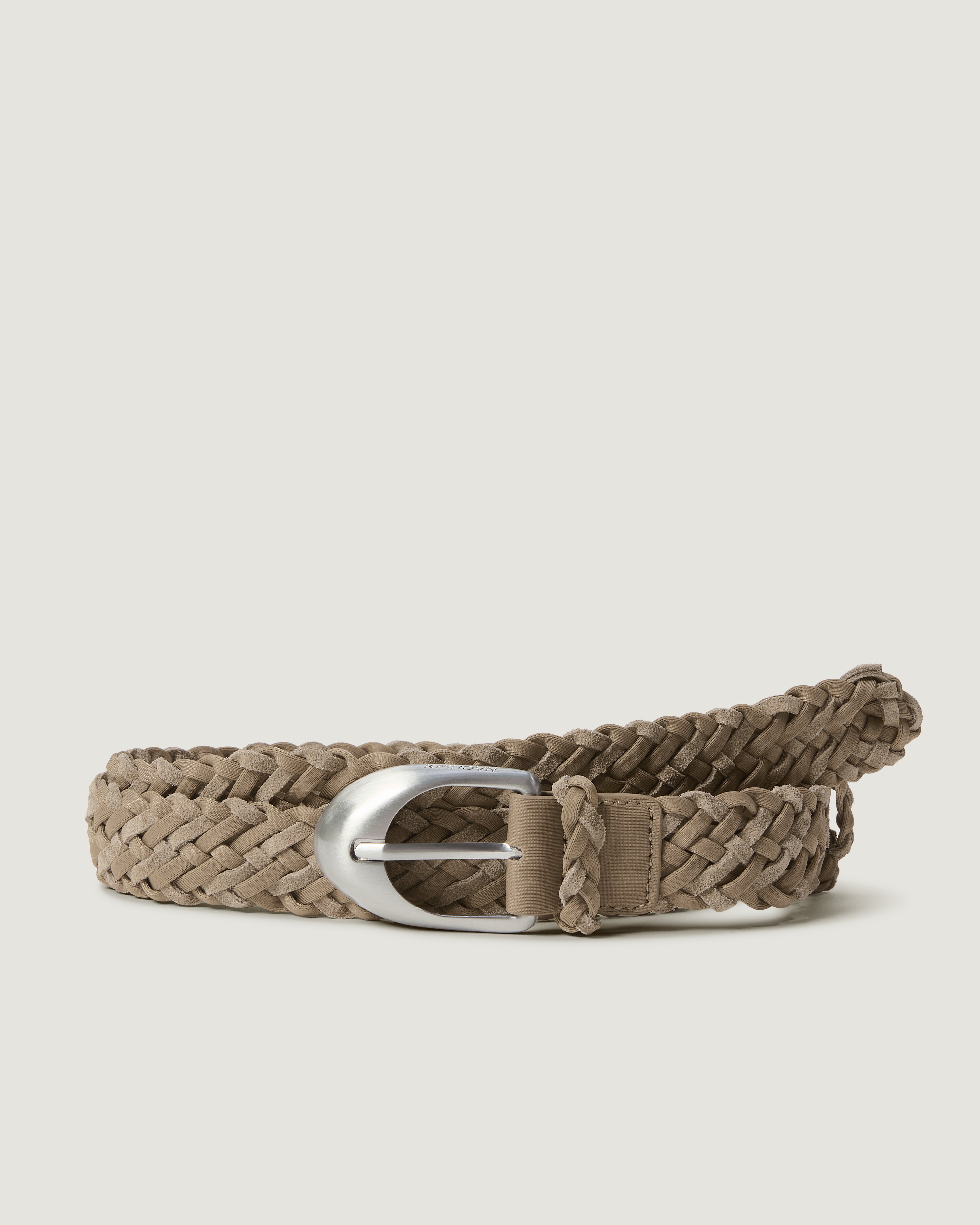 A cool taupe neoprene and suede braided belt with a brushed silver buckle, neatly coiled.