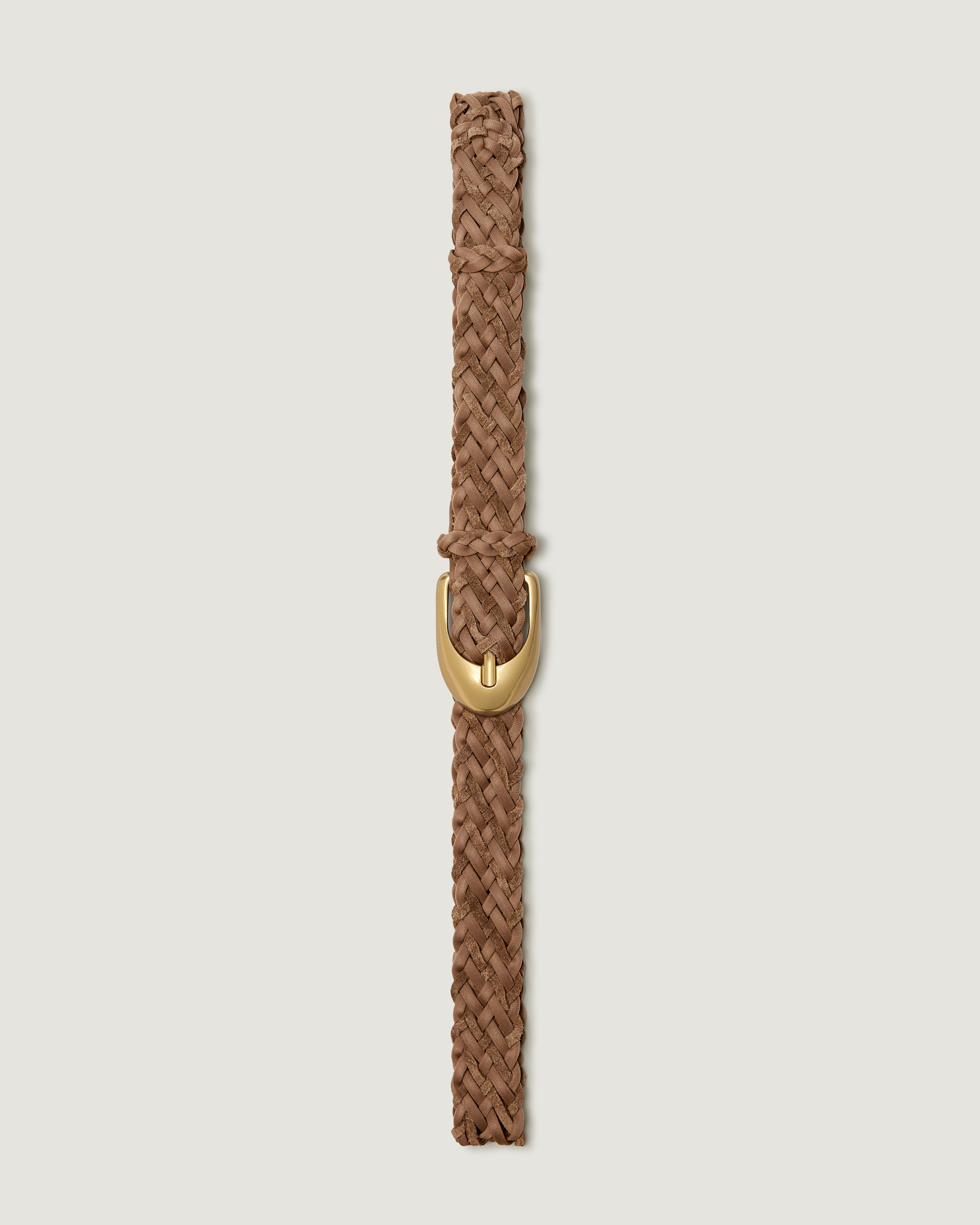 A light brown braided neoprene and suede belt with a polished gold buckle, shown vertically against a light gray background.