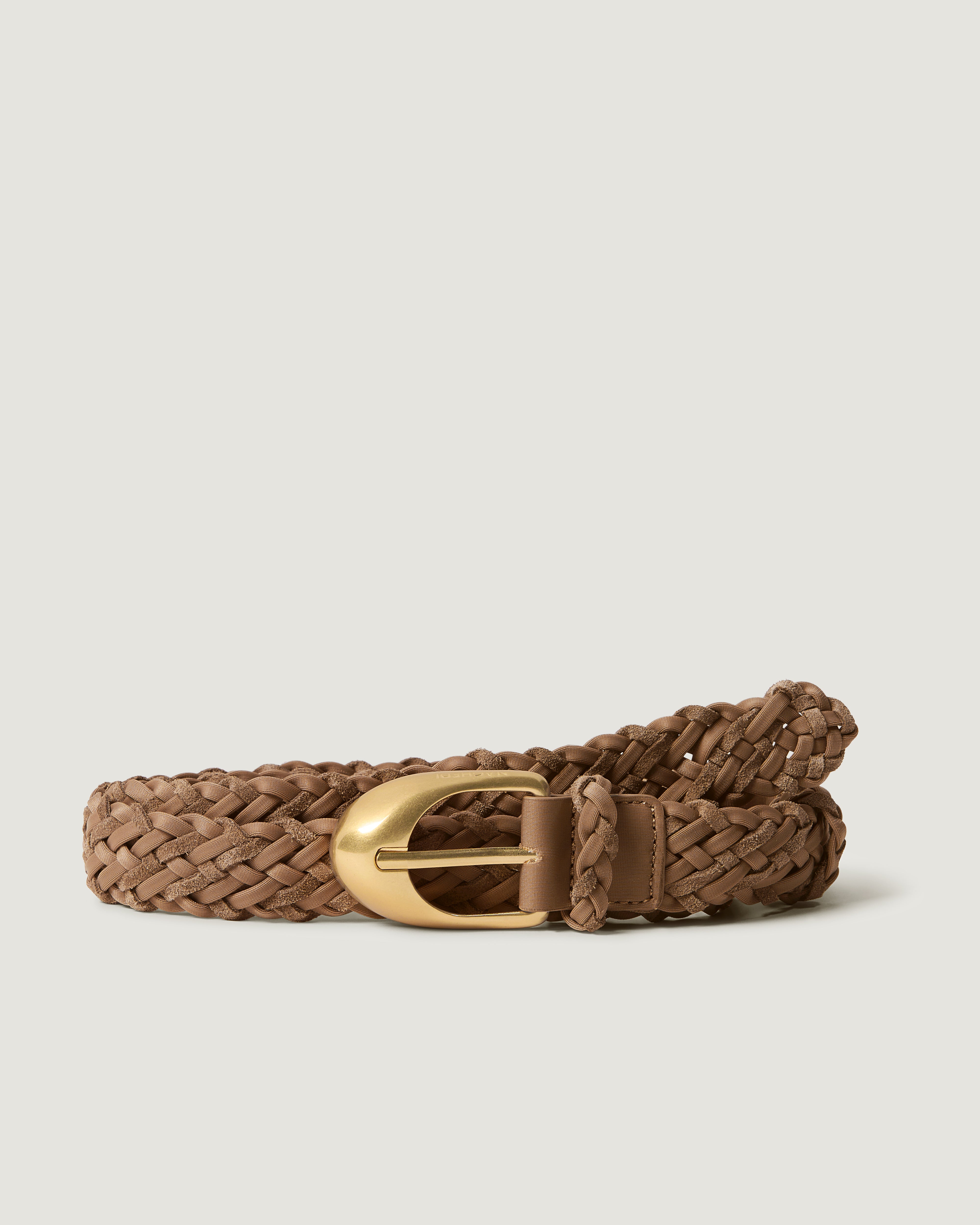 A light brown neoprene and suede braided belt with a brushed gold buckle, neatly coiled.