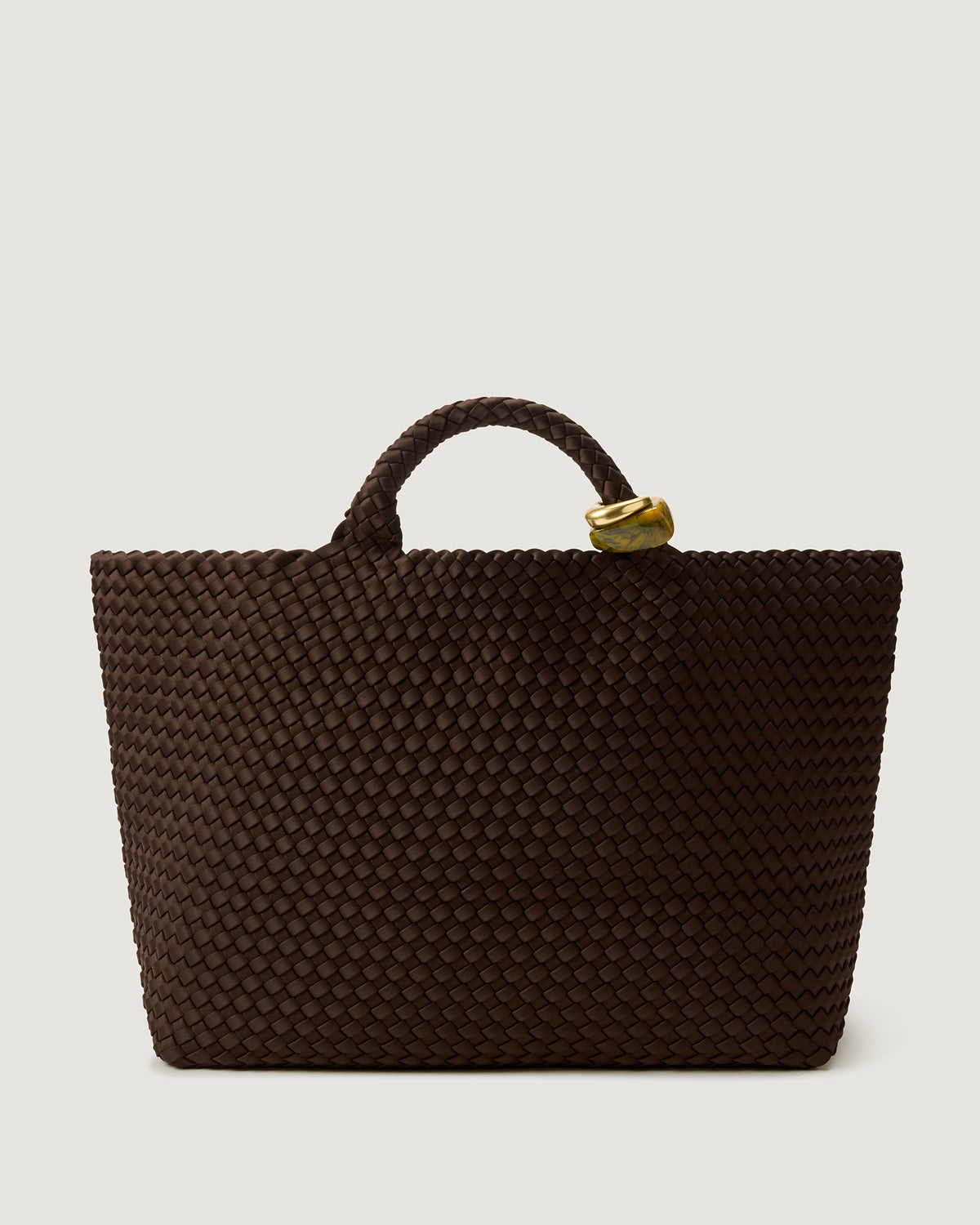 St. Barths Tote in Chocolate, a dark chocolate brown tone, in handwoven neoprene, featuring an open top, and beads on front handle.