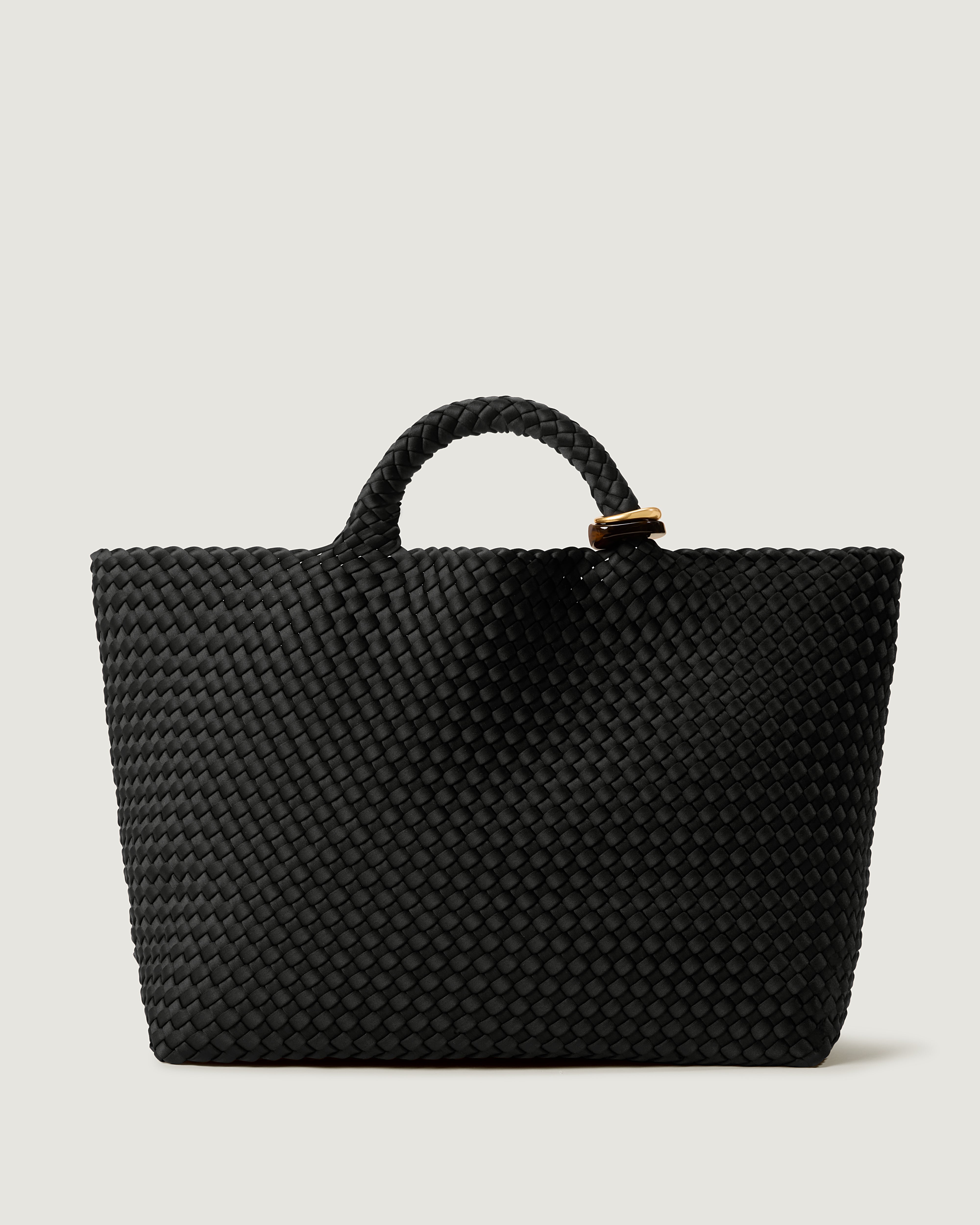 St. Barths Tote in Onyx, a true black tone, in handwoven neoprene, featuring an open top, and beads on front handle.