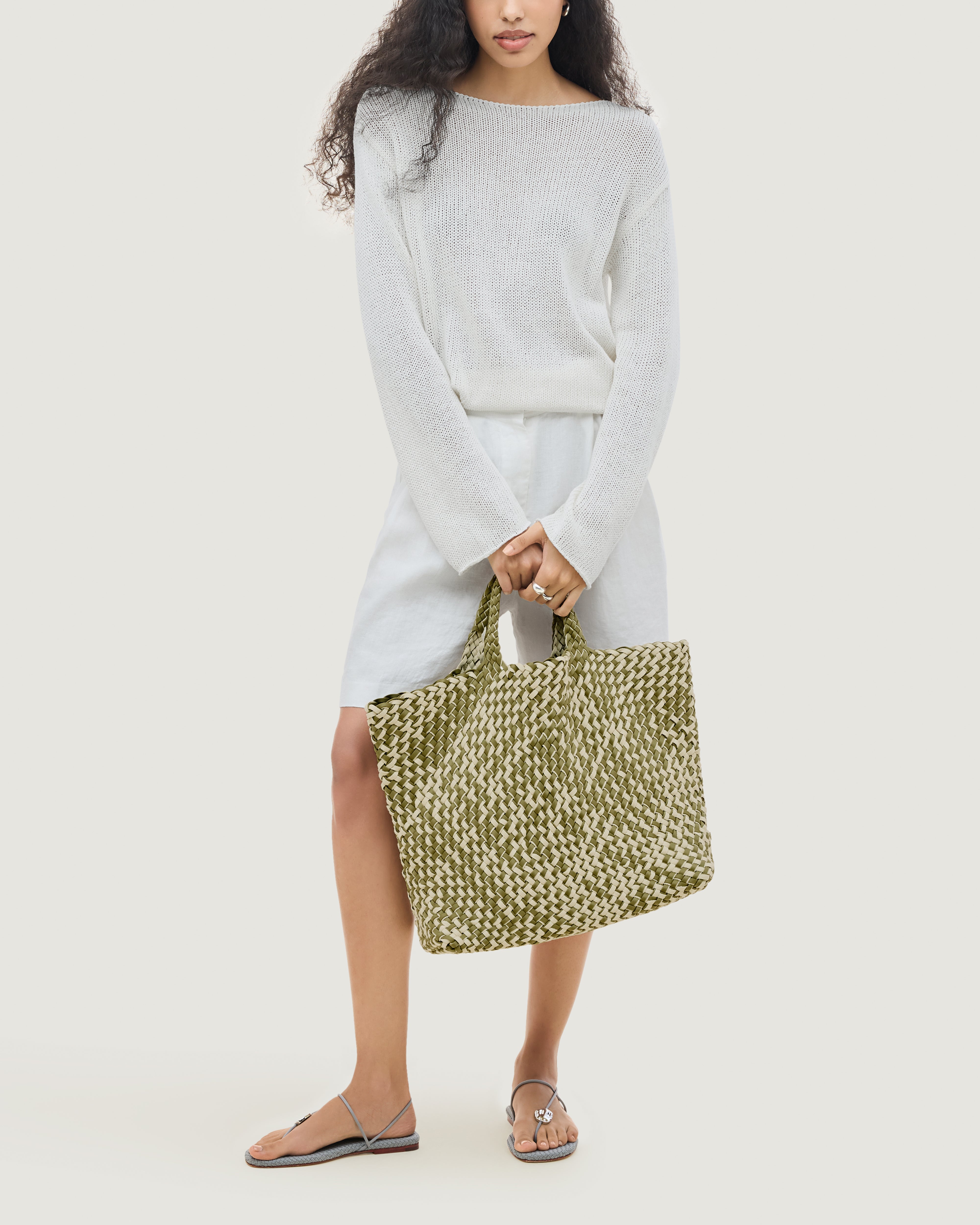 St. Barths Tote in Oletta shown on model to illustrate scale and soft silhouette.