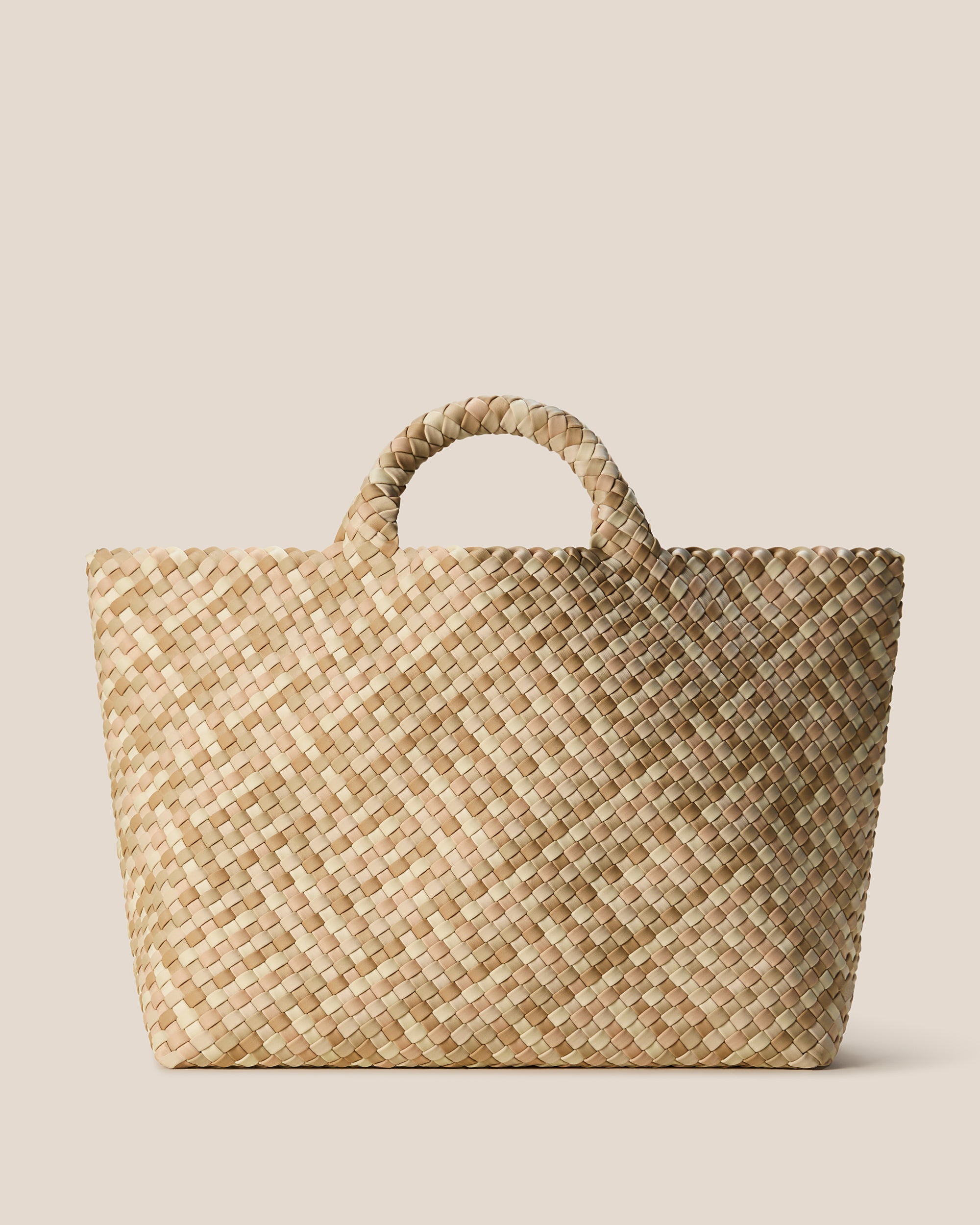 St. Barths Tote in Lanai, a multicolor beige and ballet pink tone, in handwoven neoprene, featuring an open top, and woven top handles.