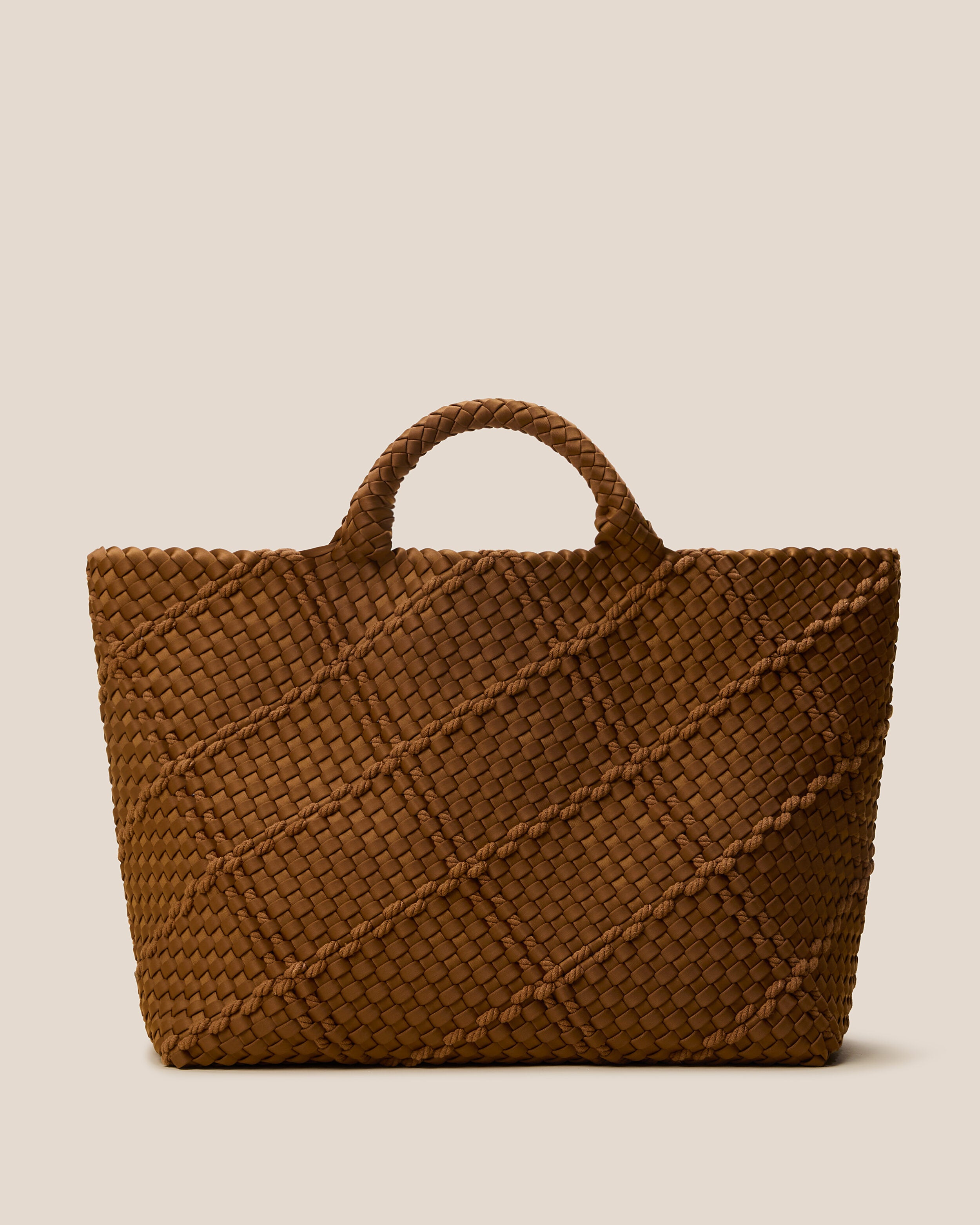 St. Barths Tote in Harbor, a saddle brown tone, in handwoven neoprene, featuring an open top, and woven top handles.