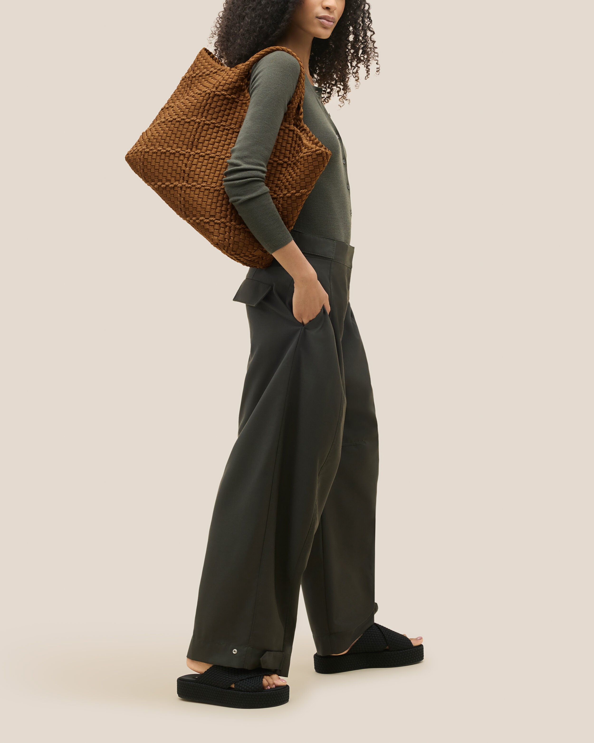 St. Barths Tote in Harbor shown on model to illustrate scale and soft silhouette.
