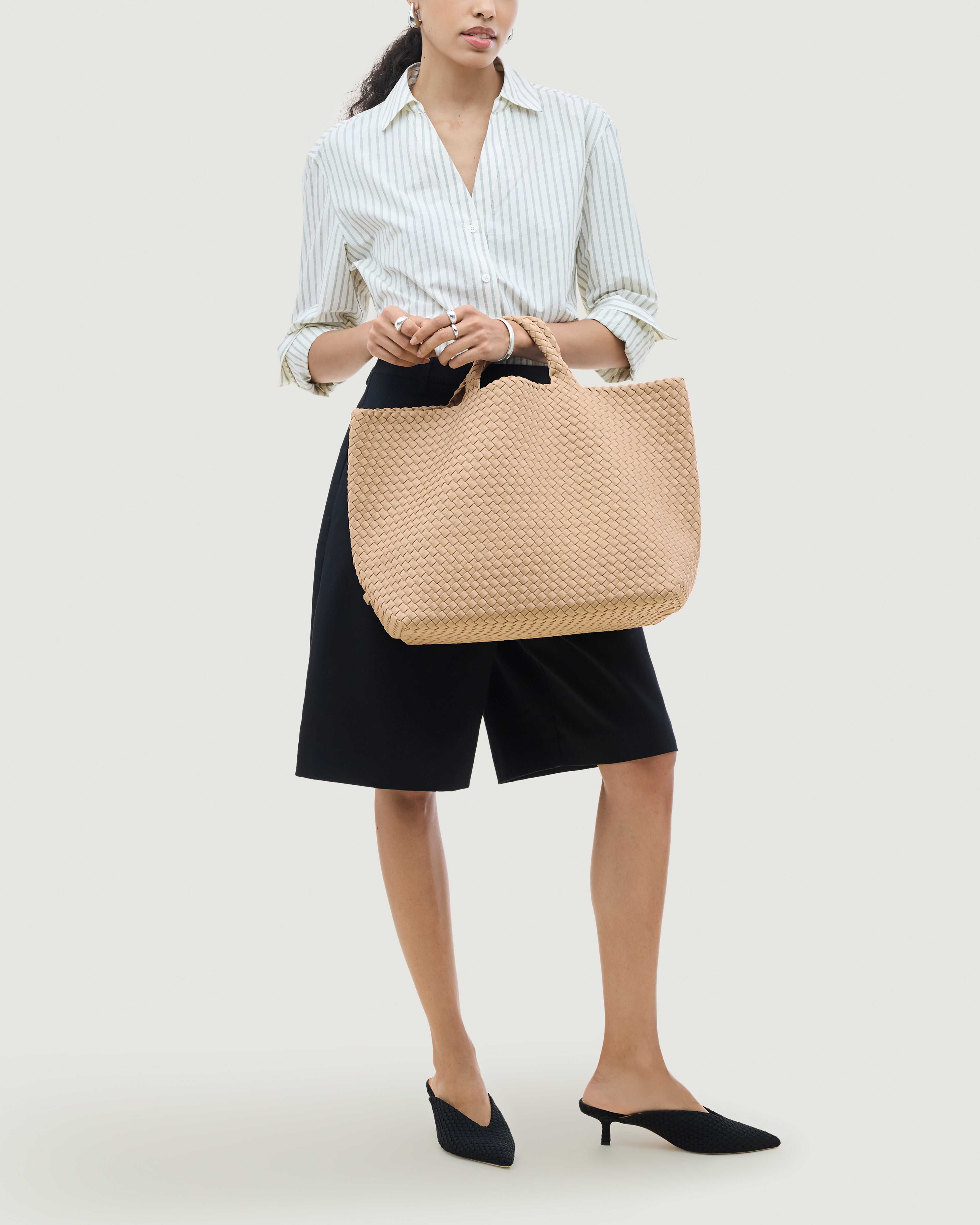 St. Barths Tote in Camel shown on model to illustrate scale and soft silhouette.