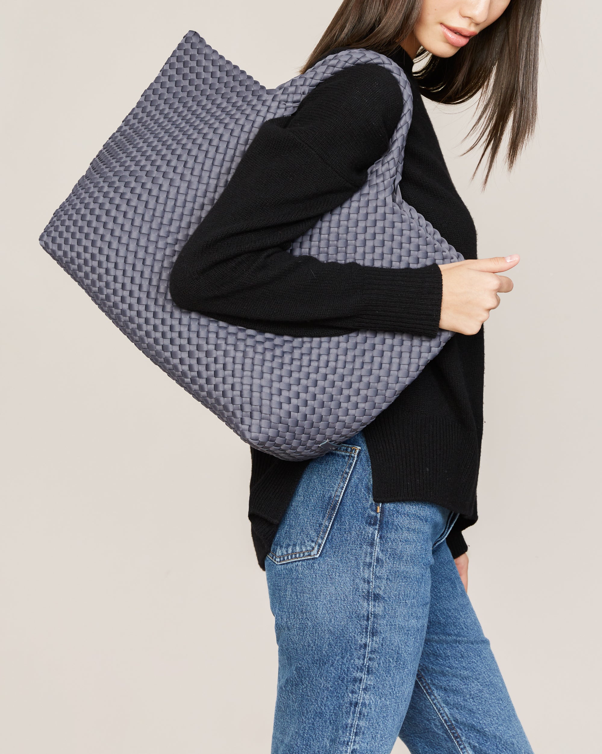 St. Barths Tote in Anchor shown on model to illustrate scale and soft silhouette.
