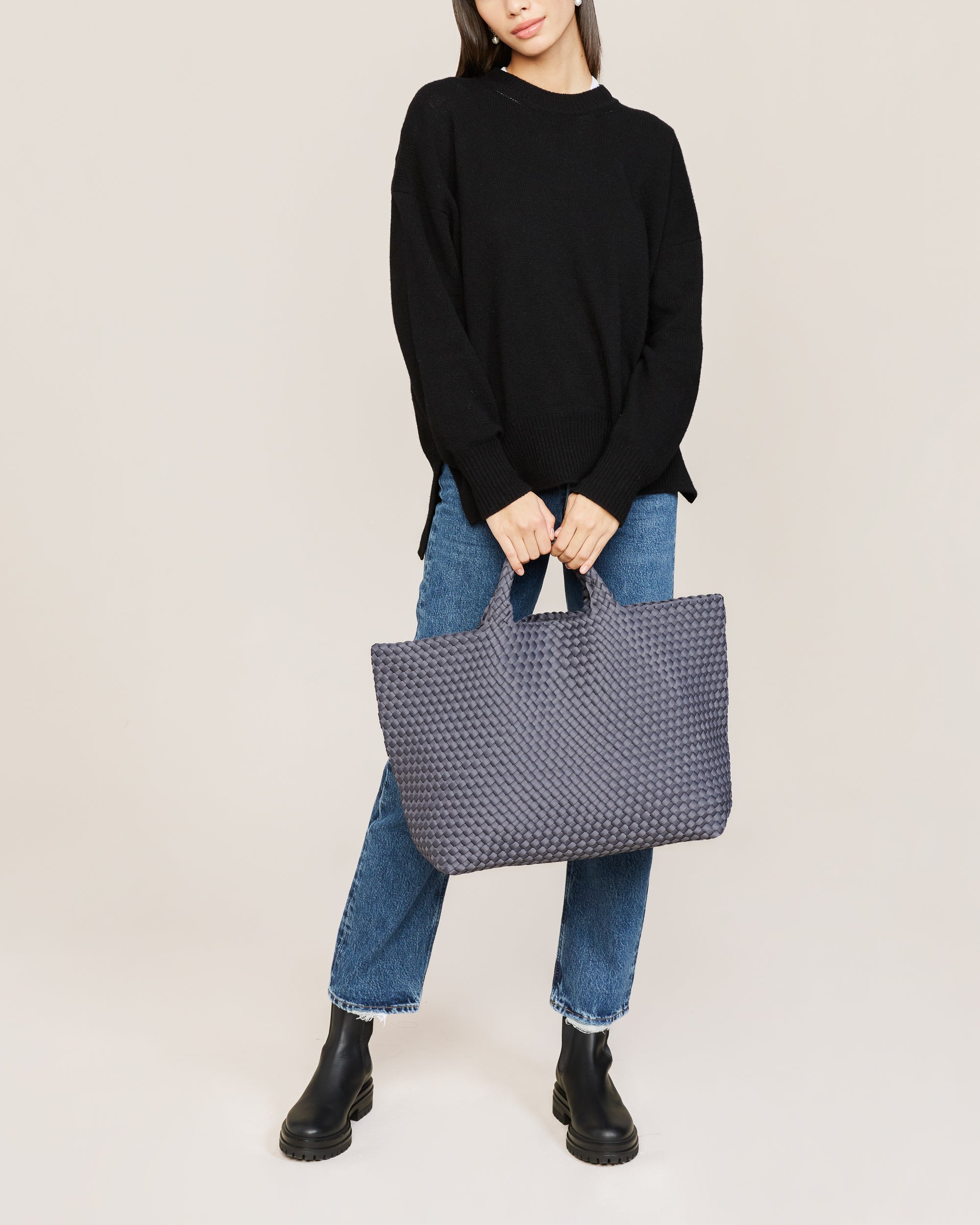 St. Barths Tote in Anchor shown on model to illustrate scale and soft silhouette.