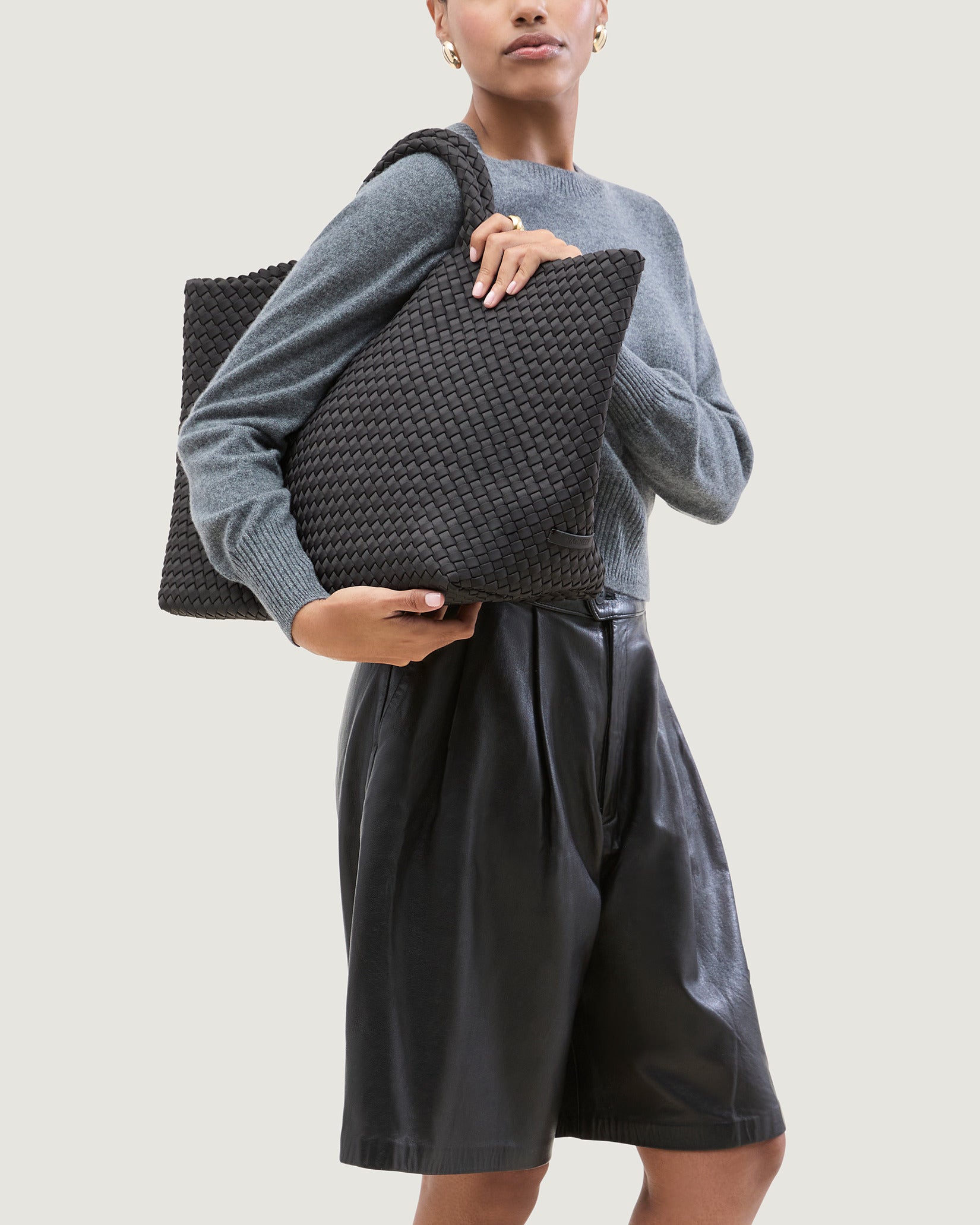 St. Barths Large Tote Bag in Ash shown on model to illustrate scale and soft silhouette.