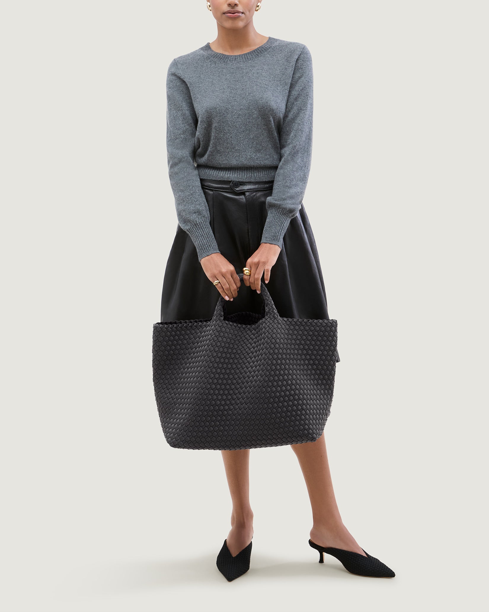 St. Barths Large Tote Bag in Ash shown on model to illustrate scale and soft silhouette.