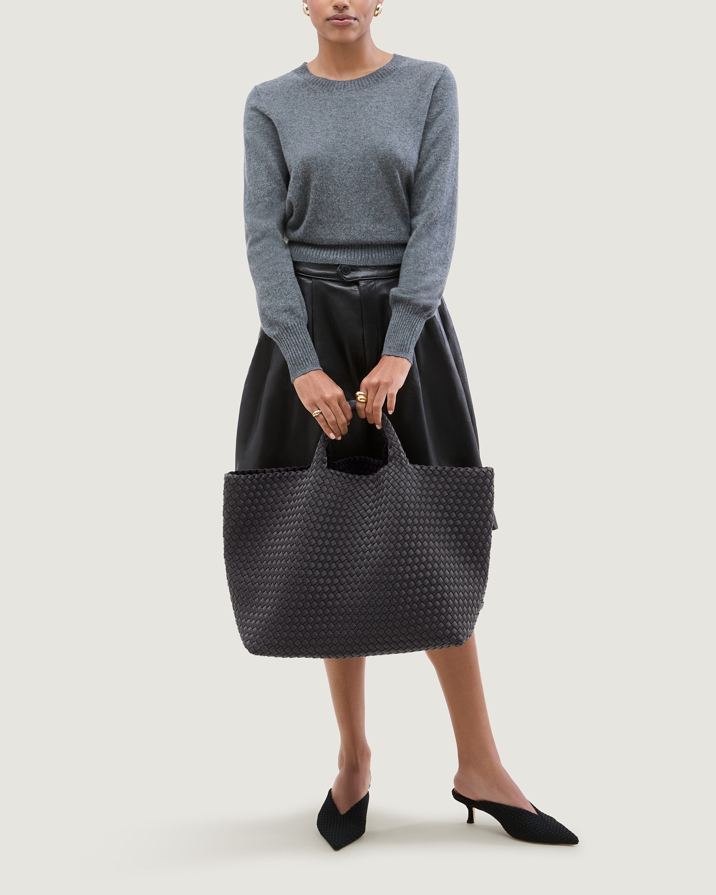 St. Barths Tote in Ash shown on model to illustrate scale and soft silhouette.