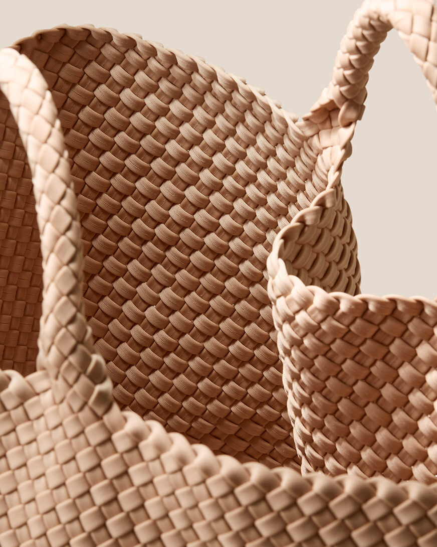 Interior close-up of St. Barths Tote in Camel showing its open top, and unlined interior.