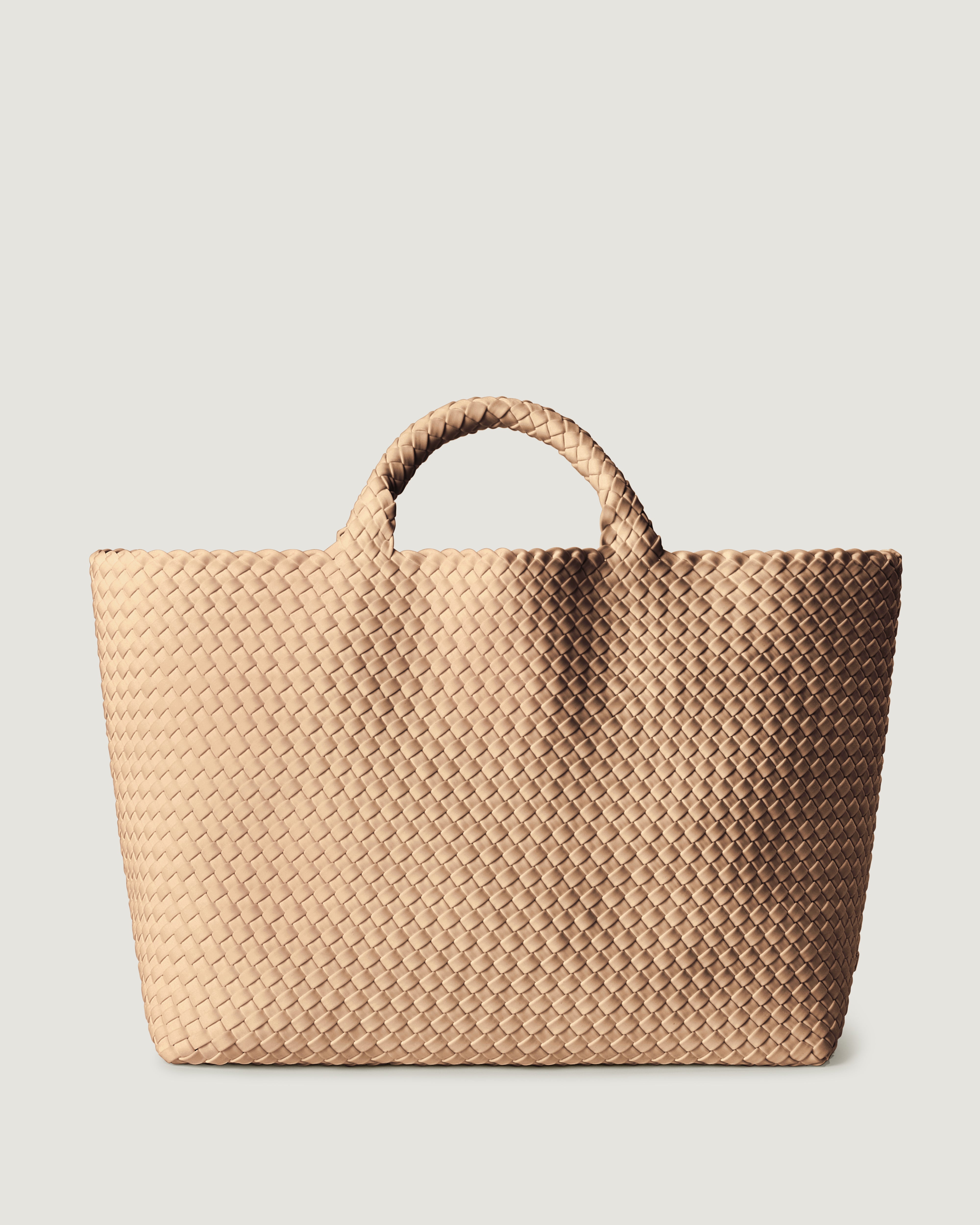St. Barths Tote in Camel, a camel brown tone, in handwoven neoprene, featuring an open top, and woven top handles.