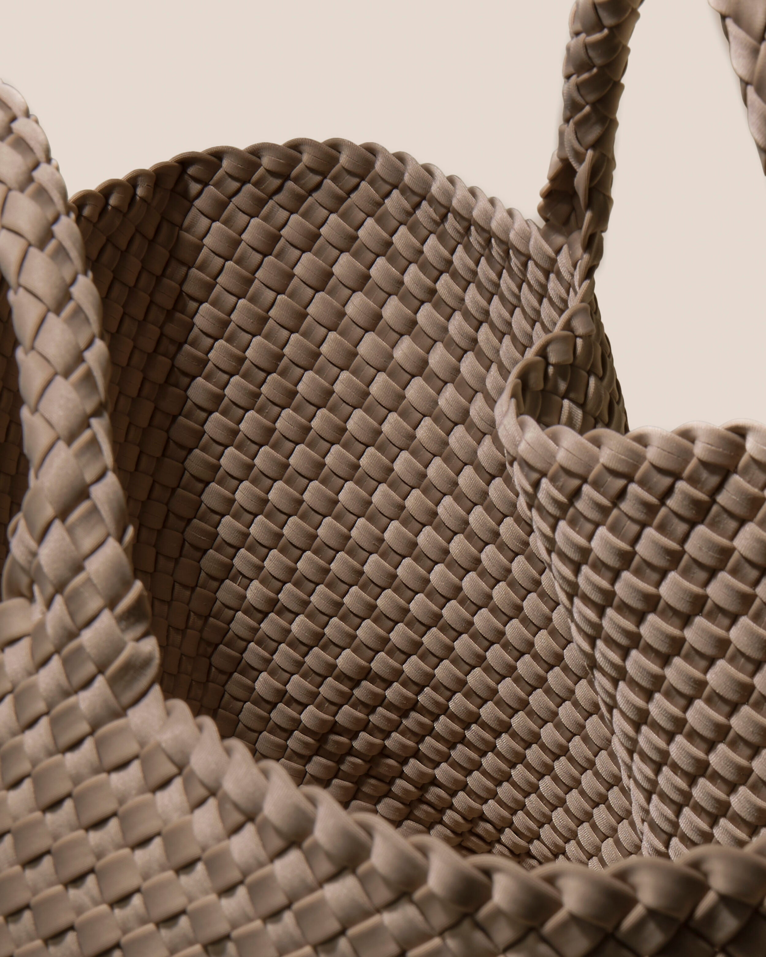 Interior close-up of St. Barths Tote in Cashmere showing its open top, and unlined interior.