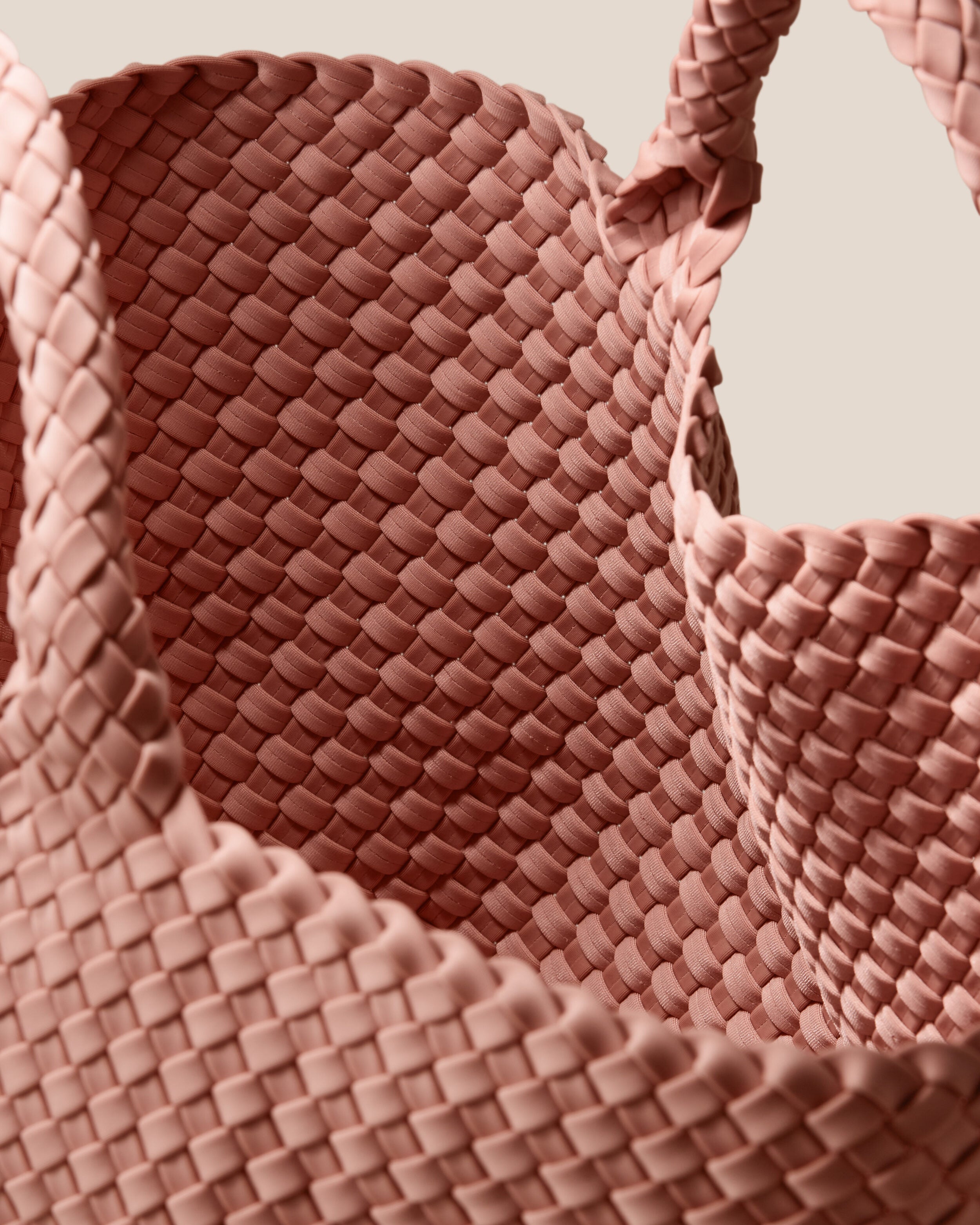 Interior close-up of St. Barths Tote in Dusk showing its open top, and unlined interior.