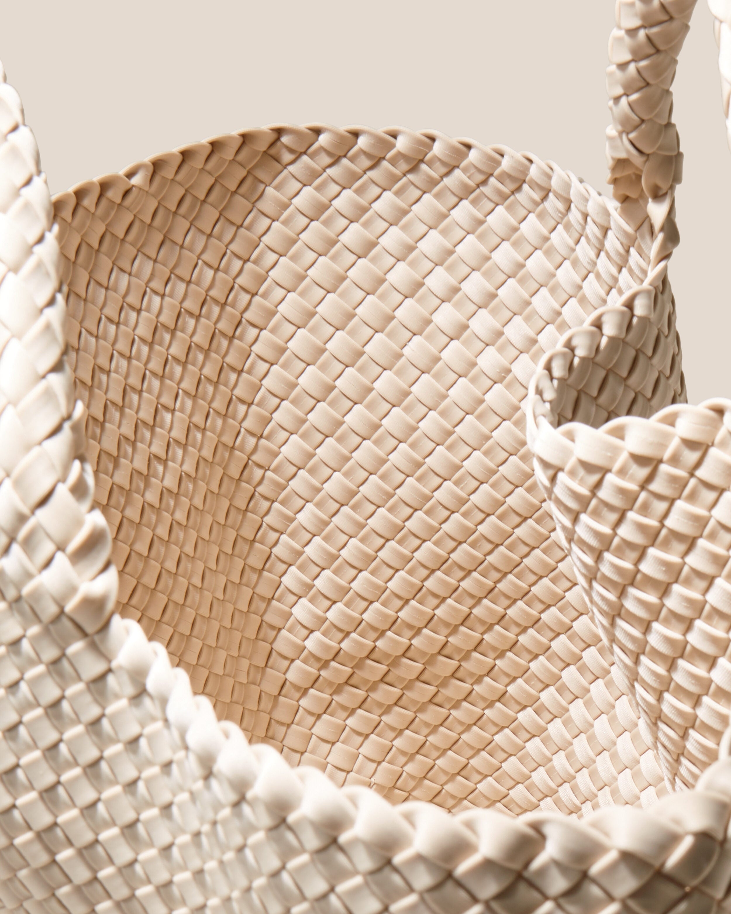 Interior close-up of St. Barths Tote in Ecru showing its open top, and unlined interior.