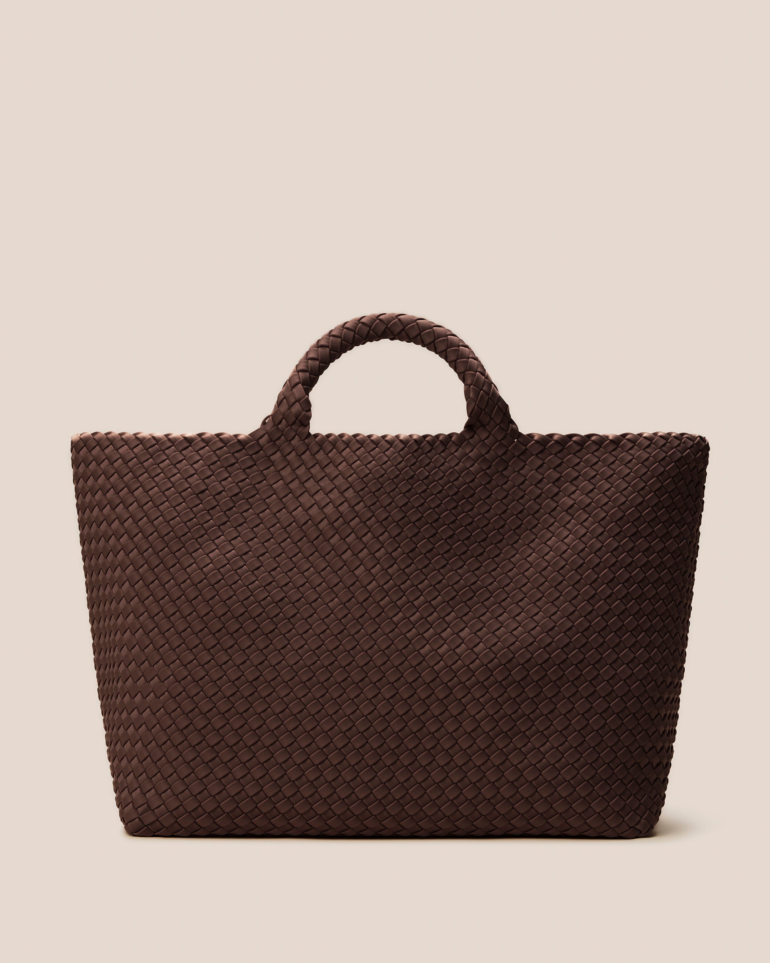 St. Barths Tote in Mocha in handwoven neoprene, featuring an open top, and woven top handles.
