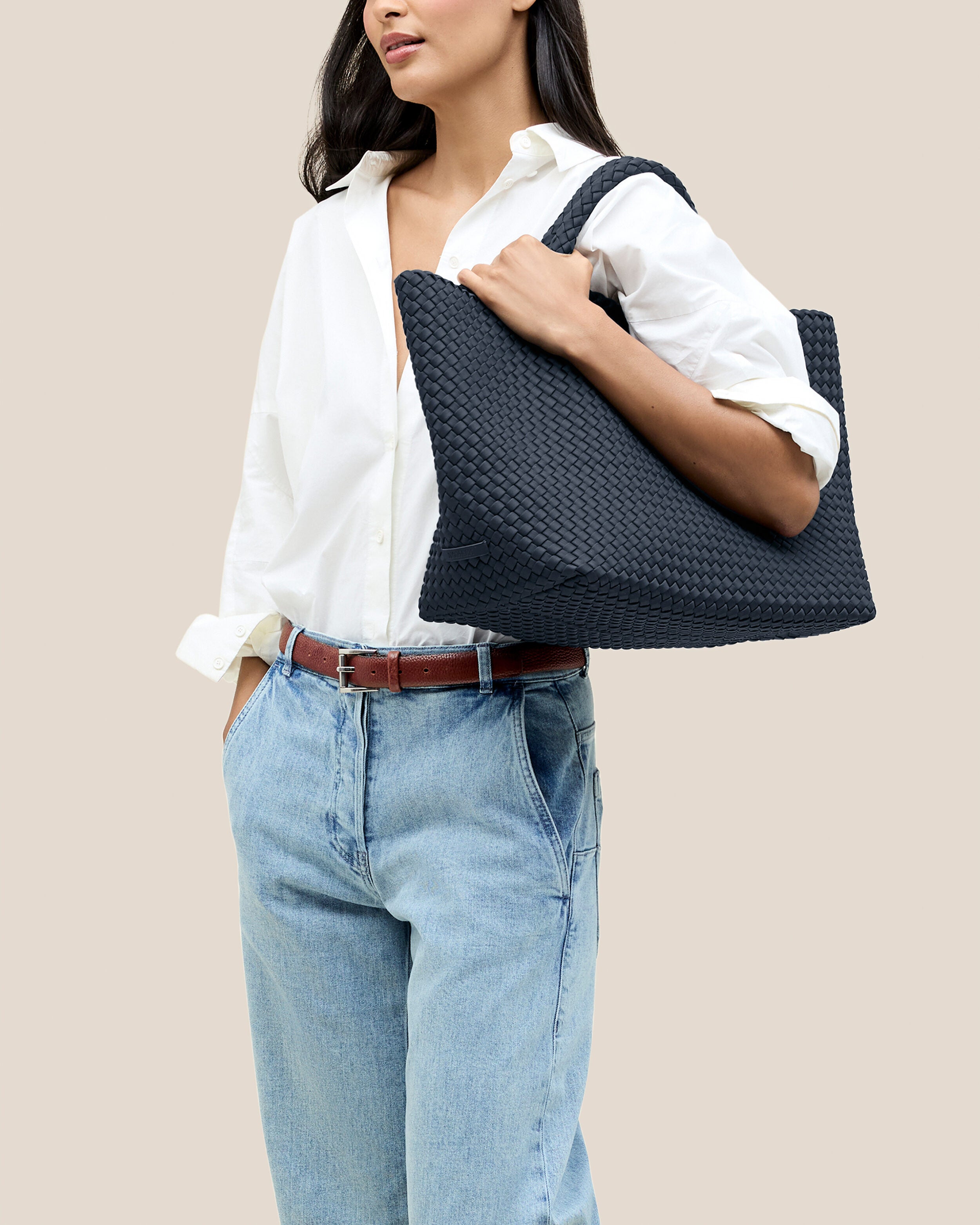 St. Barths Tote in Murano shown on model to illustrate scale and soft silhouette.