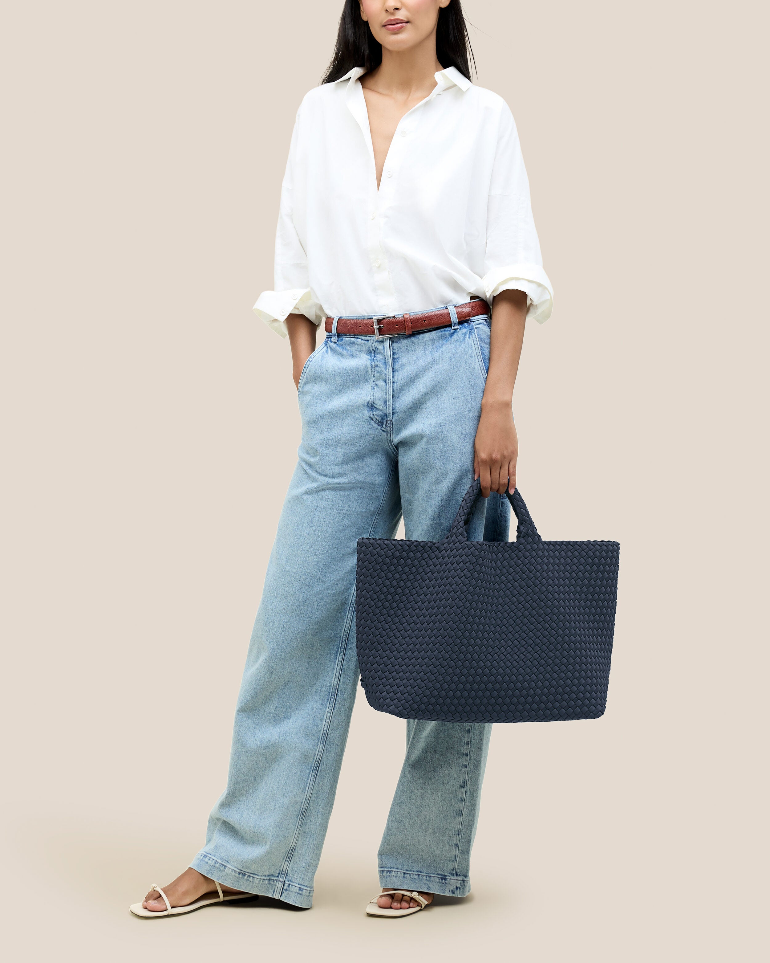 St. Barths Tote in Murano shown on model to illustrate scale and soft silhouette.