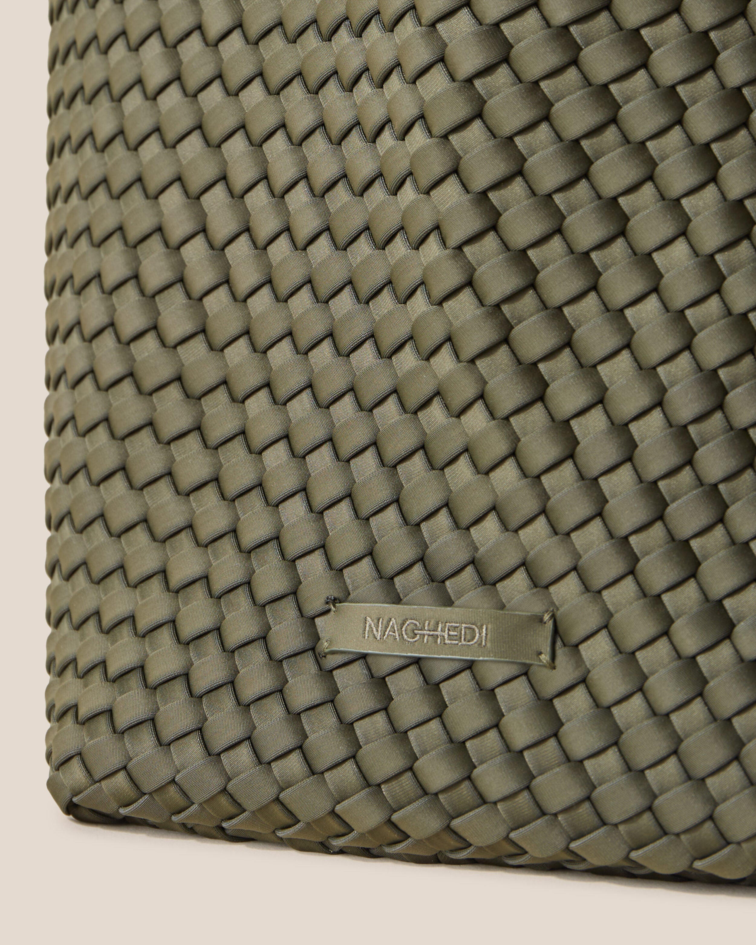 Close-up of stamped NAGHEDI logo on St. Barths Tote in Olive.
