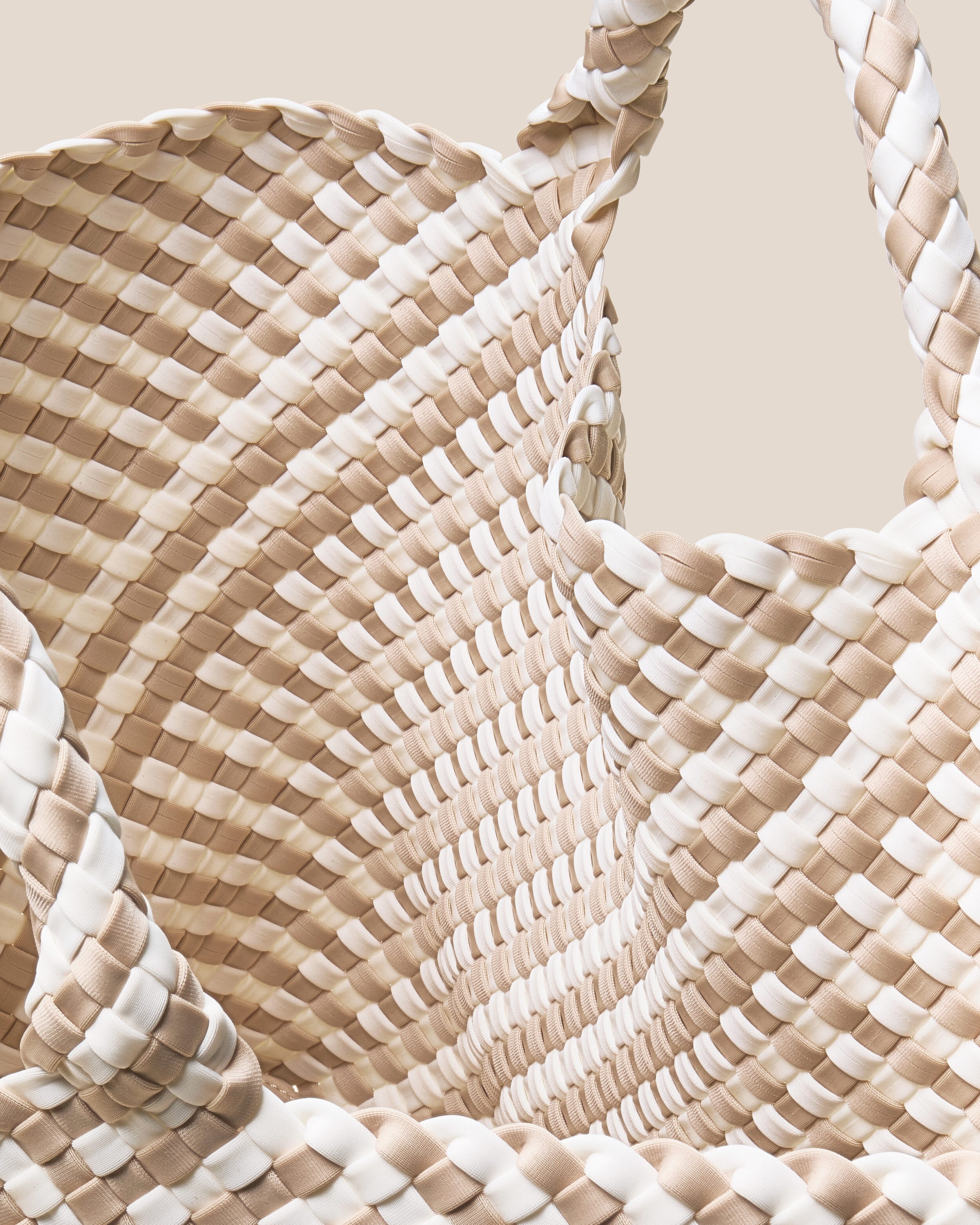 Interior close-up of St. Barths Tote in Mykonos showing its open top, and unlined interior.