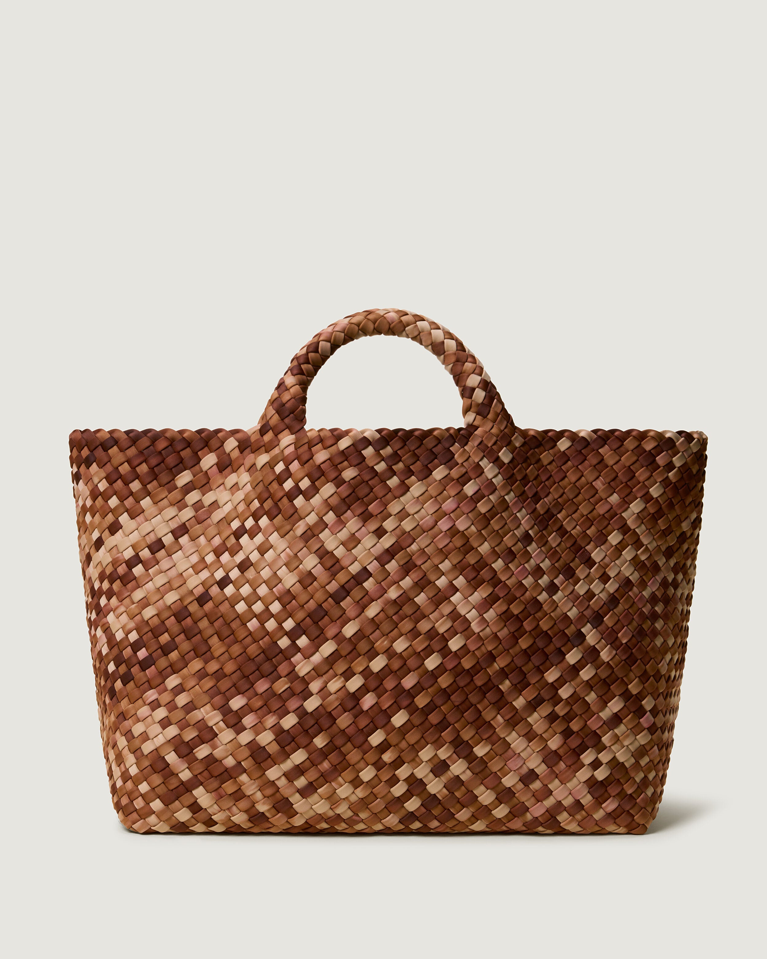 St. Barths Tote in Fez, a camel brown and saddle brown tone, in handwoven neoprene, featuring an open top, and woven top handles.