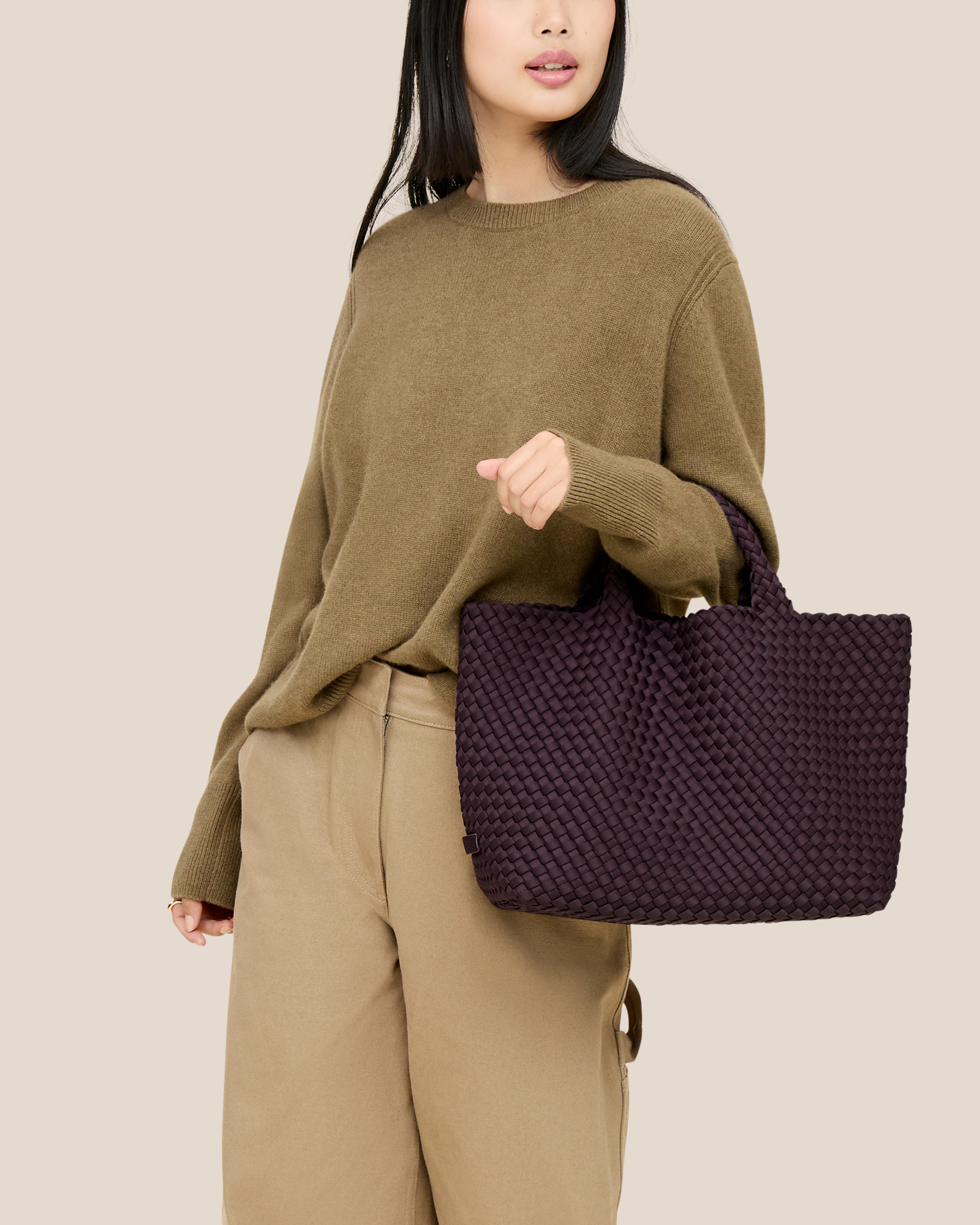 St. Barths Medium Tote | Aubergine | On Model Close