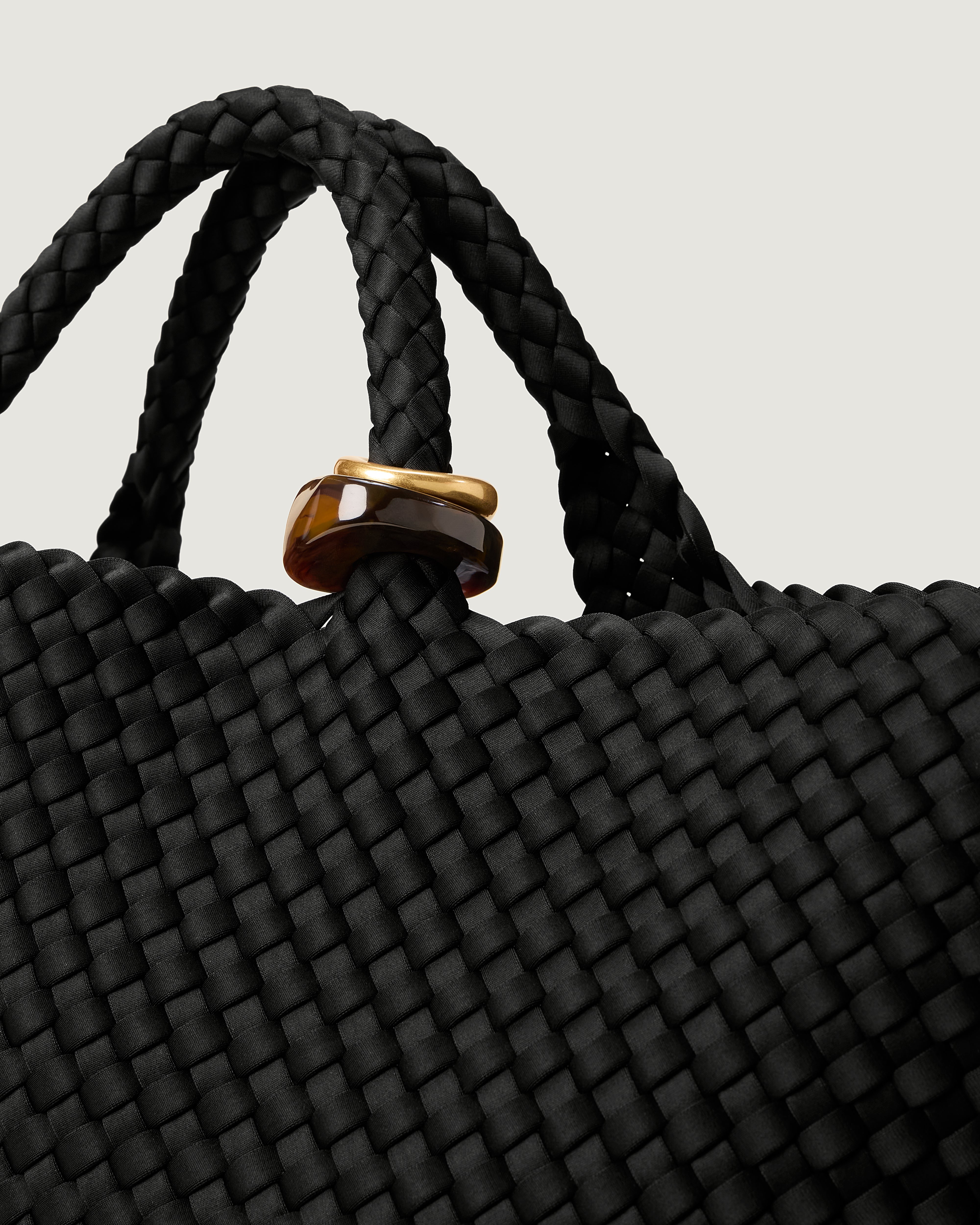 Close up of the St Barths Tote in Onyx highlighting the 2 beads on the handle.