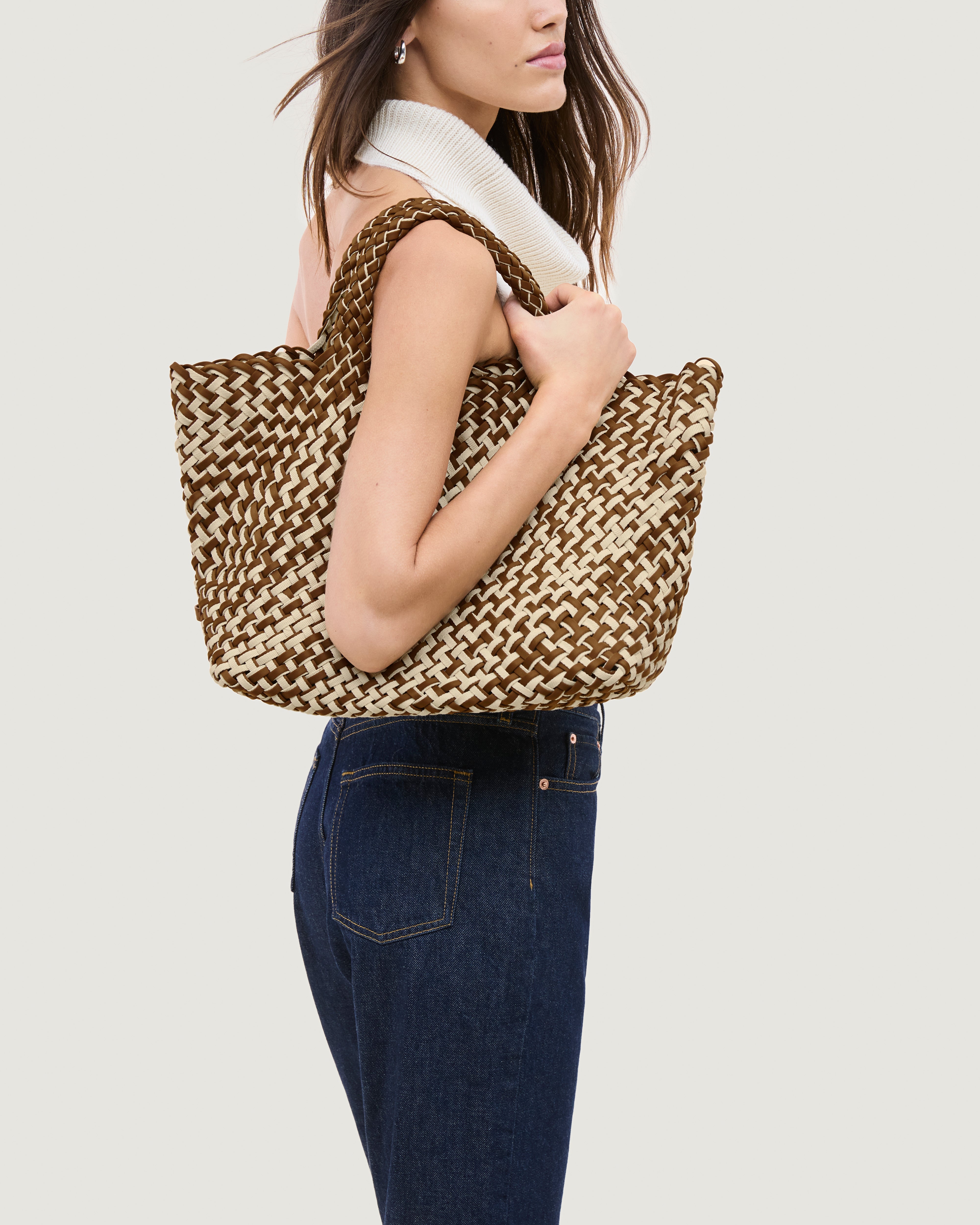 St. Barths Tote in Carmel shown on model to illustrate scale and soft silhouette.