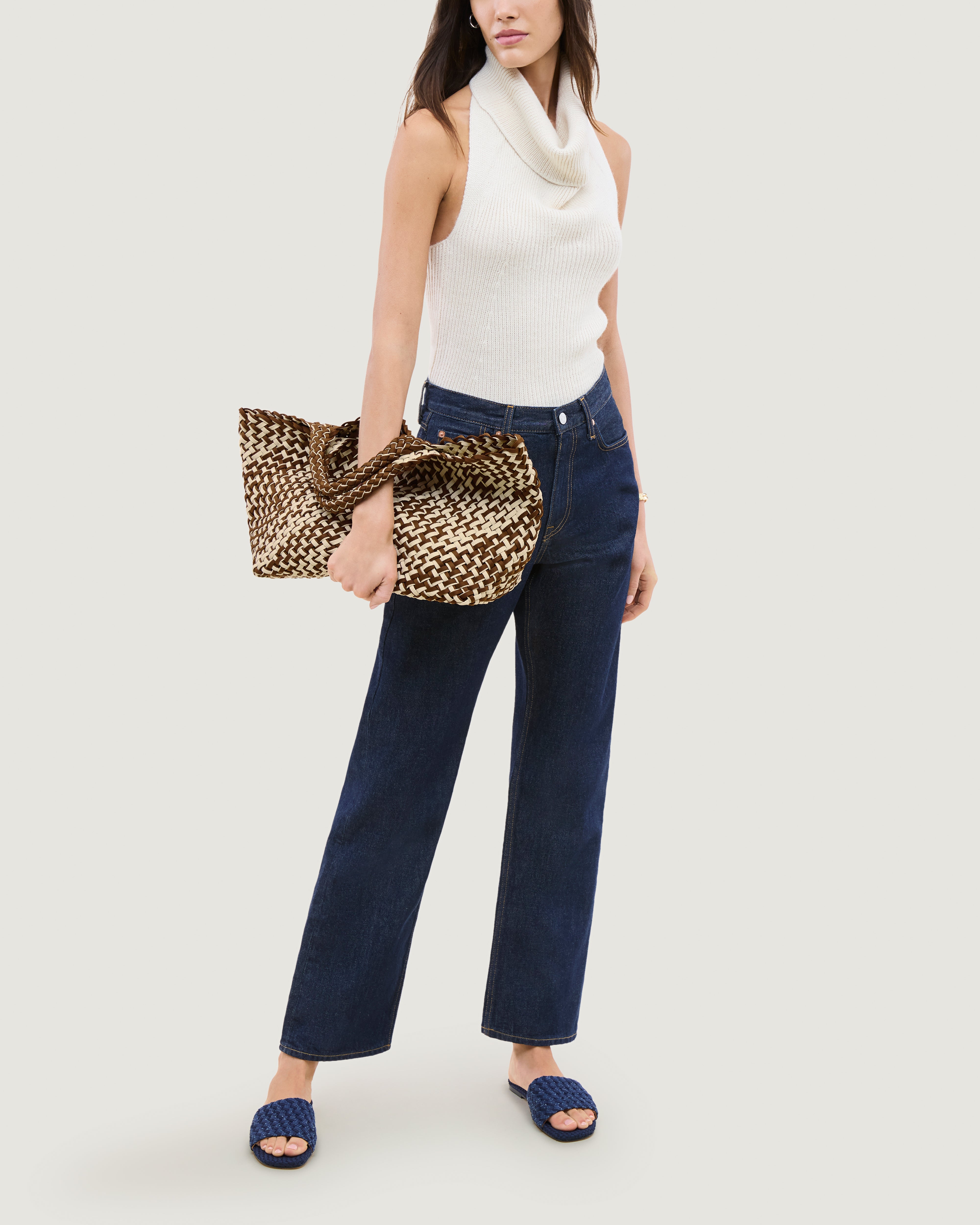 St. Barths Tote in Carmel shown on model to illustrate scale and soft silhouette.