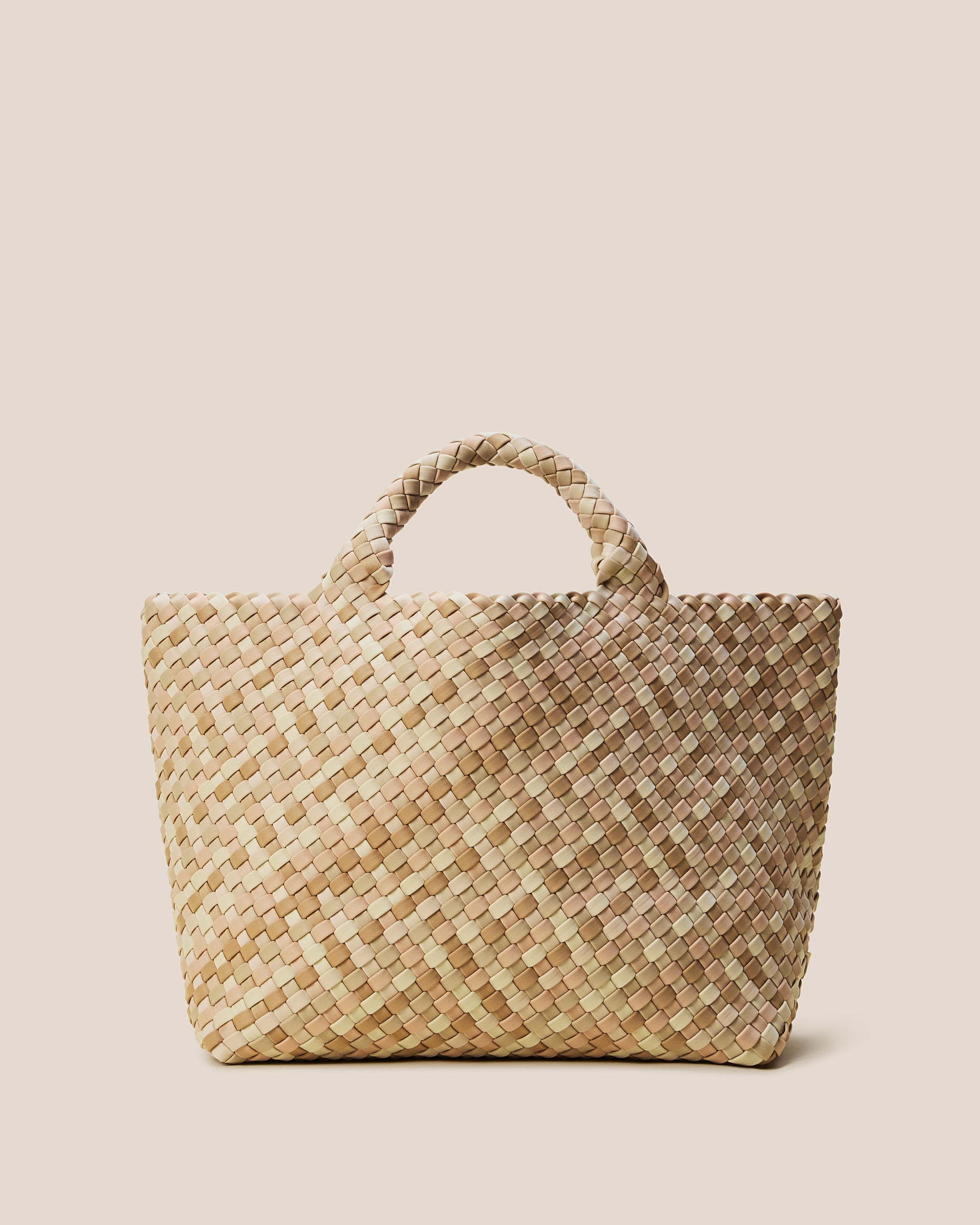 St. Barths Tote in Lanai, a multicolor beige and ballet pink tone, in handwoven neoprene, featuring an open top, and woven top handles.