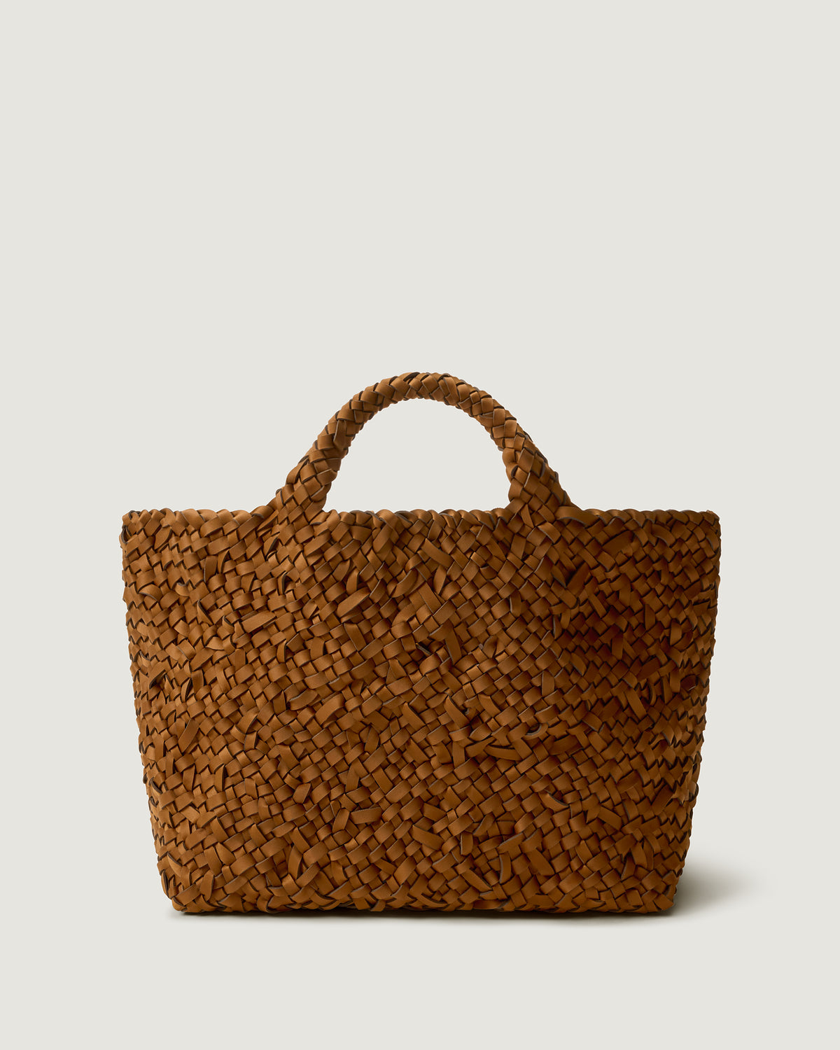 St. Barths Tote Nest Weave in Teak, a saddle brown tone, in handwoven neoprene, featuring a magnetic closure, and woven top handles.