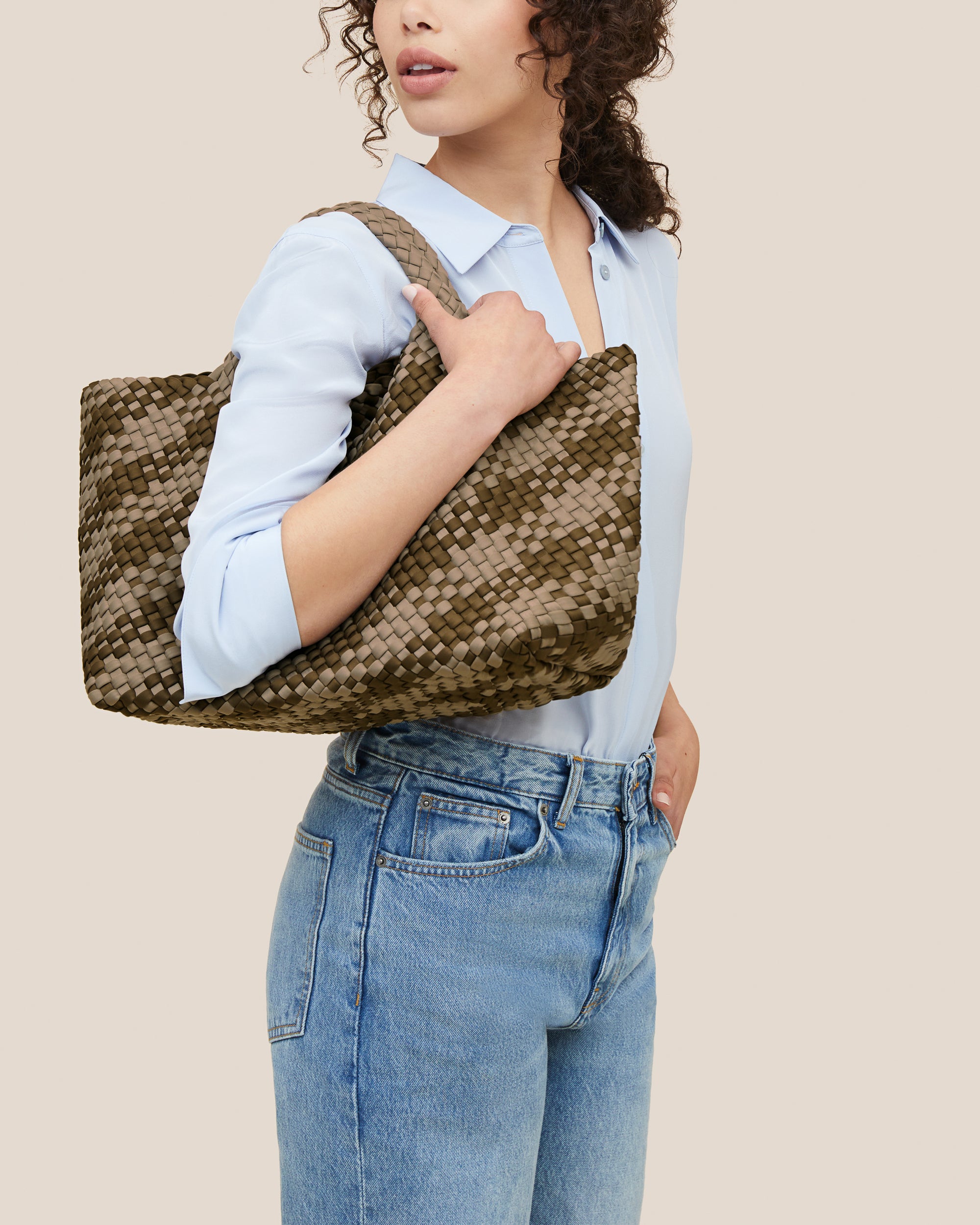 St. Barths Medium Tote Plaid in Driftwood | On Model Close Up