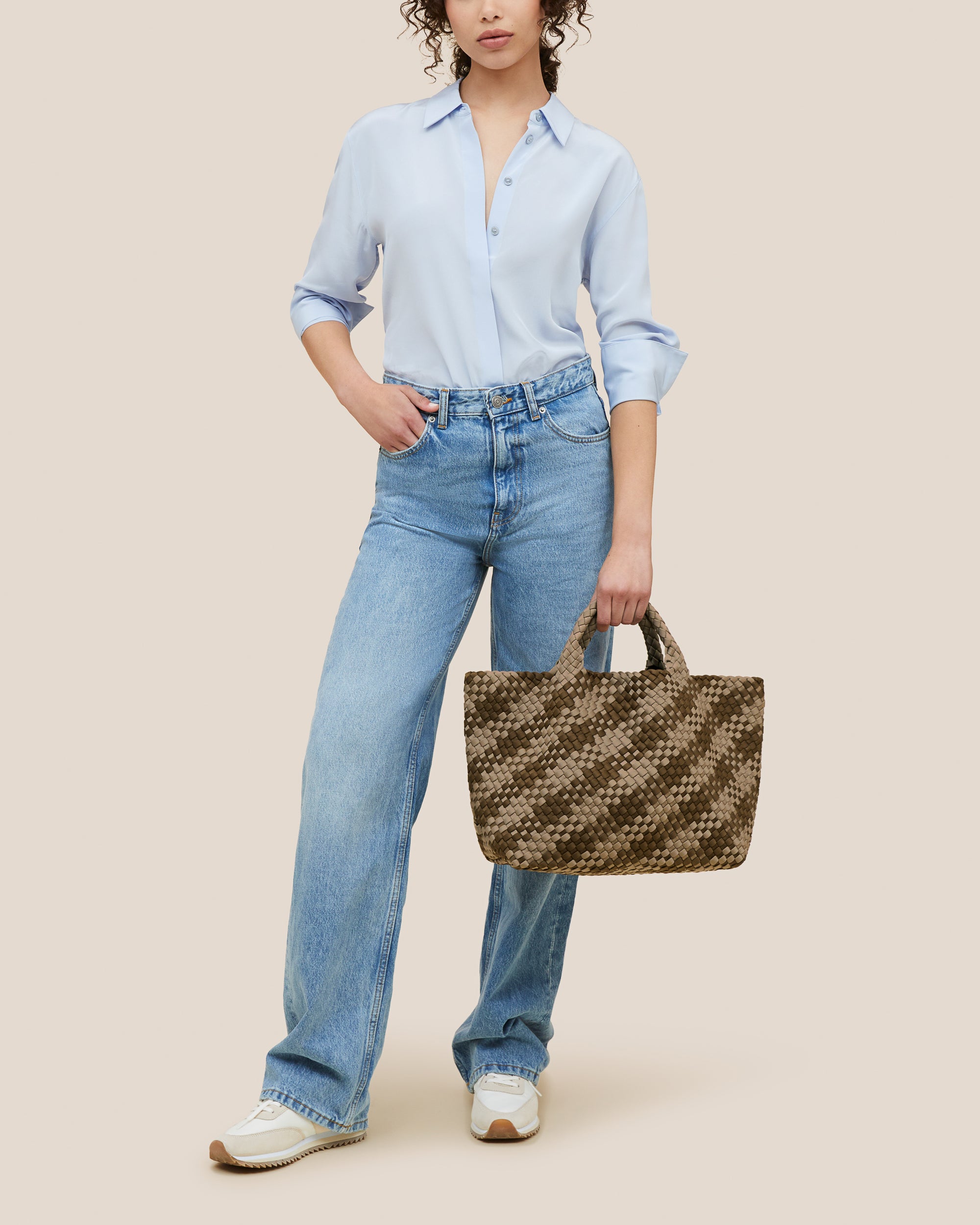 St. Barths Medium Tote Plaid in Driftwood | On Model Full Body