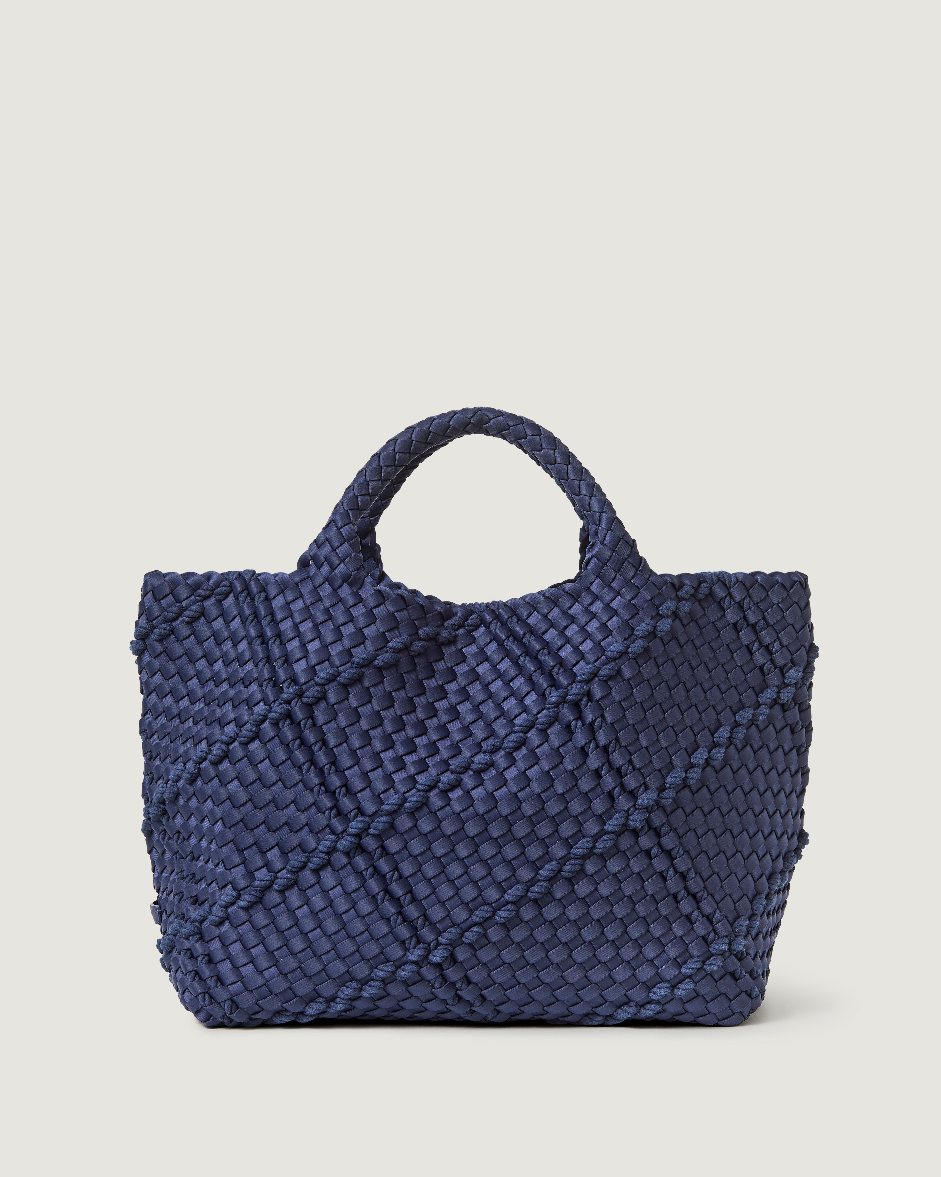 St. Barths Tote in Admiral, a navy blue tone, in handwoven neoprene, featuring an open top, and woven top handles.
