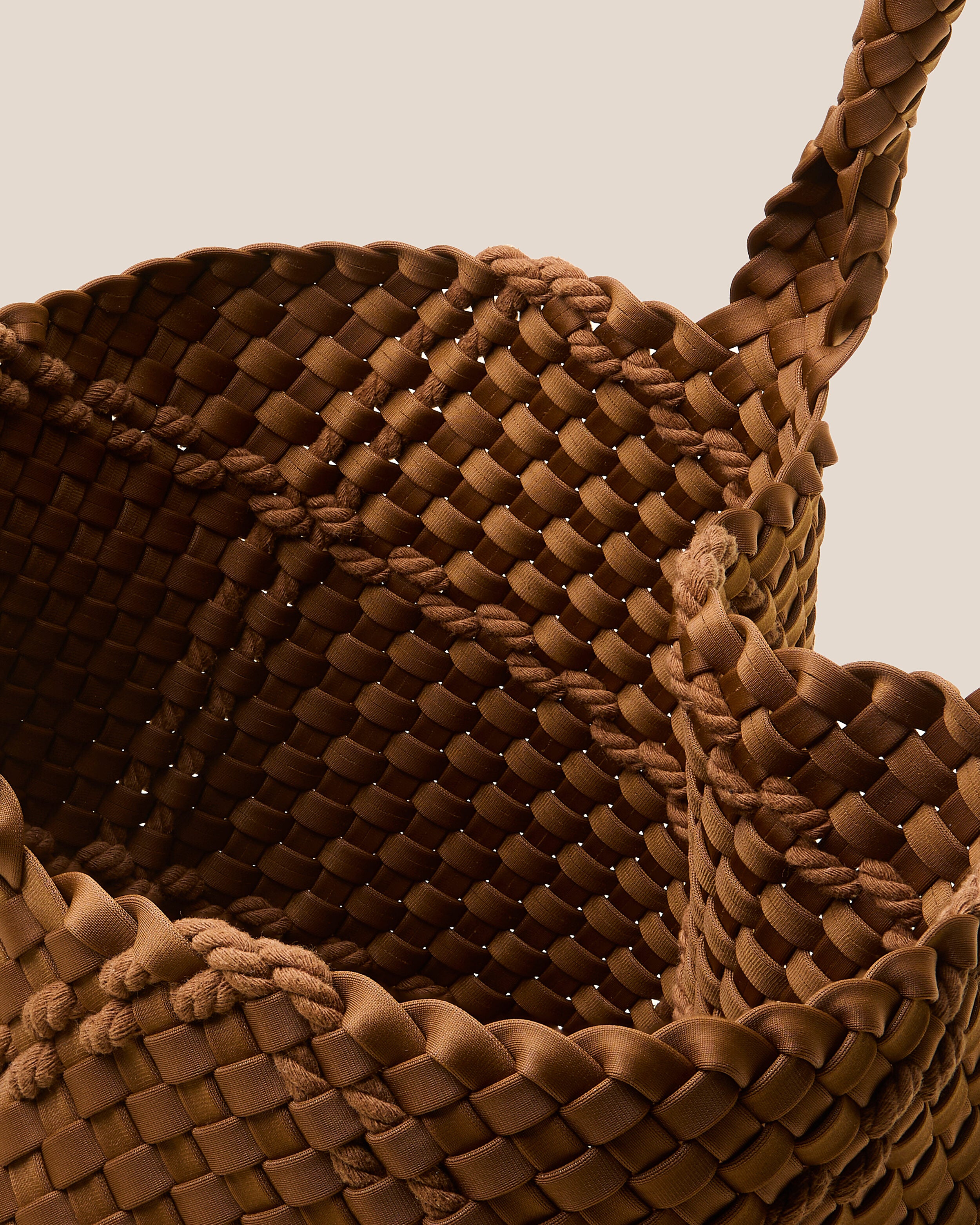 Interior close-up of St. Barths Tote in Harbor showing its open top, and unlined interior.