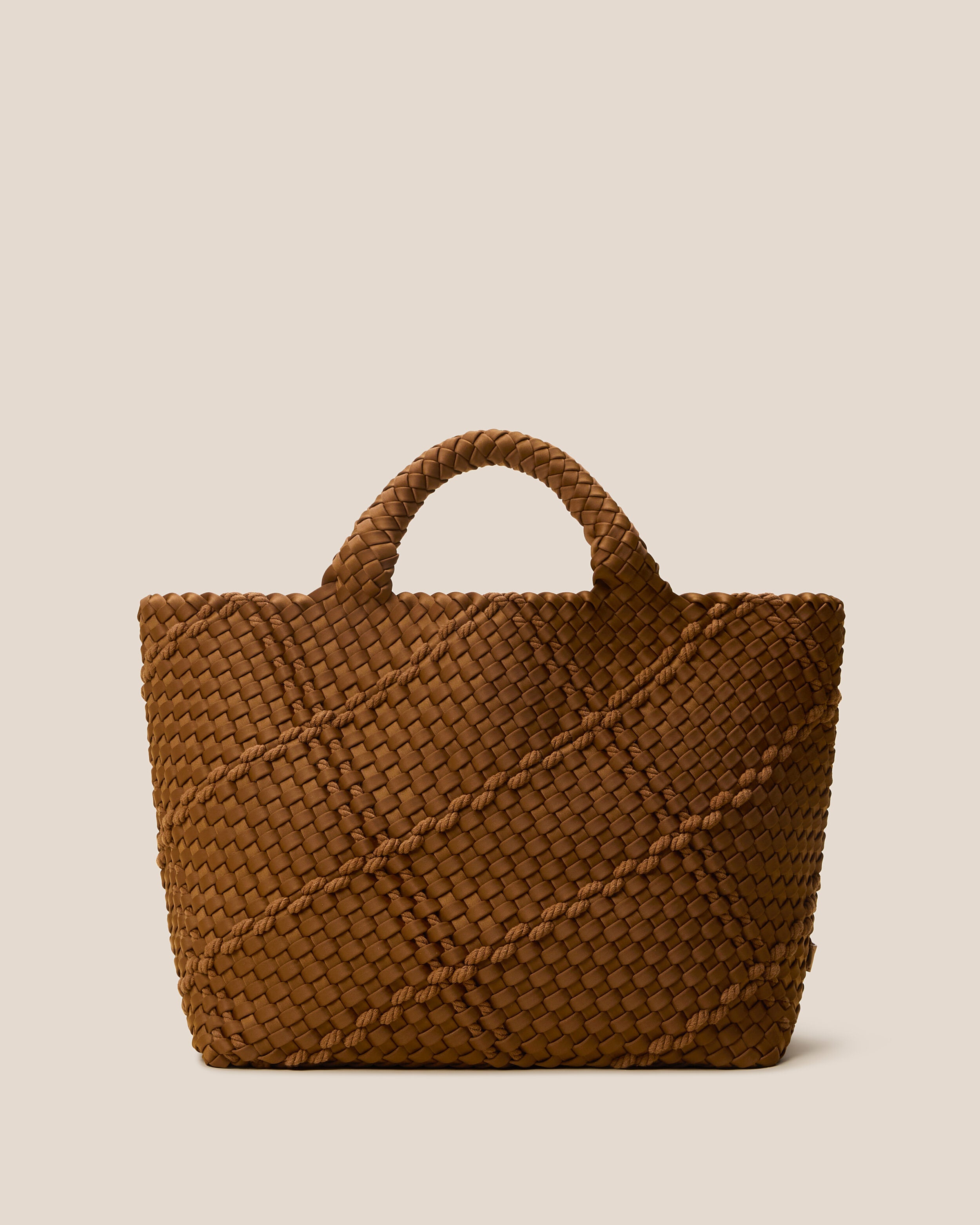St. Barths Tote in Harbor, a saddle brown tone, in handwoven neoprene, featuring an open top, and woven top handles.