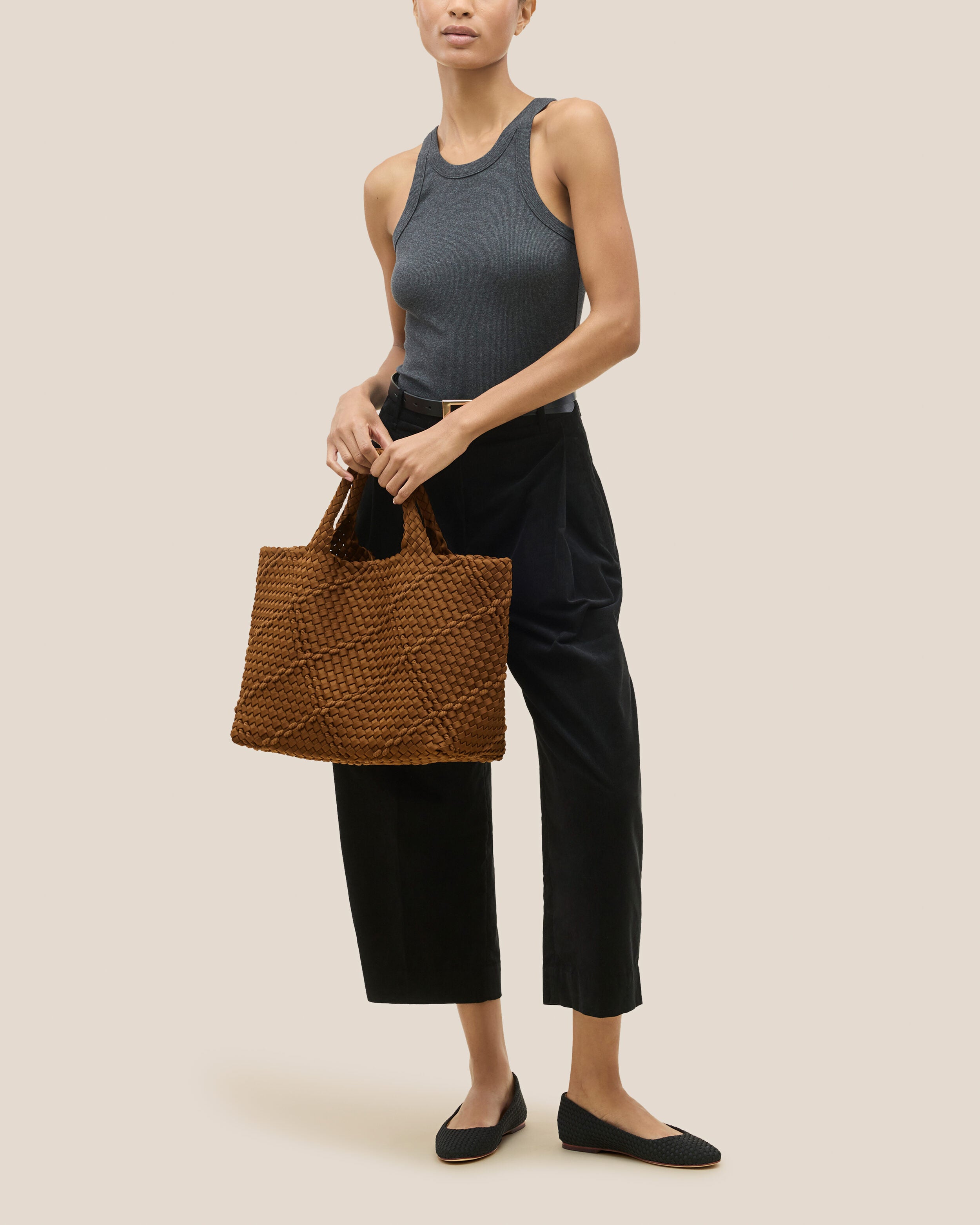 St. Barths Tote in Harbor shown on model to illustrate scale and soft silhouette.