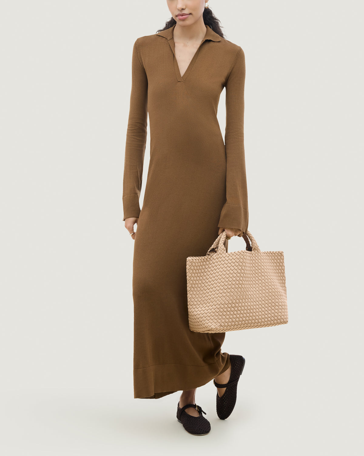 St. Barths Tote in Camel shown on model to illustrate scale and soft silhouette.