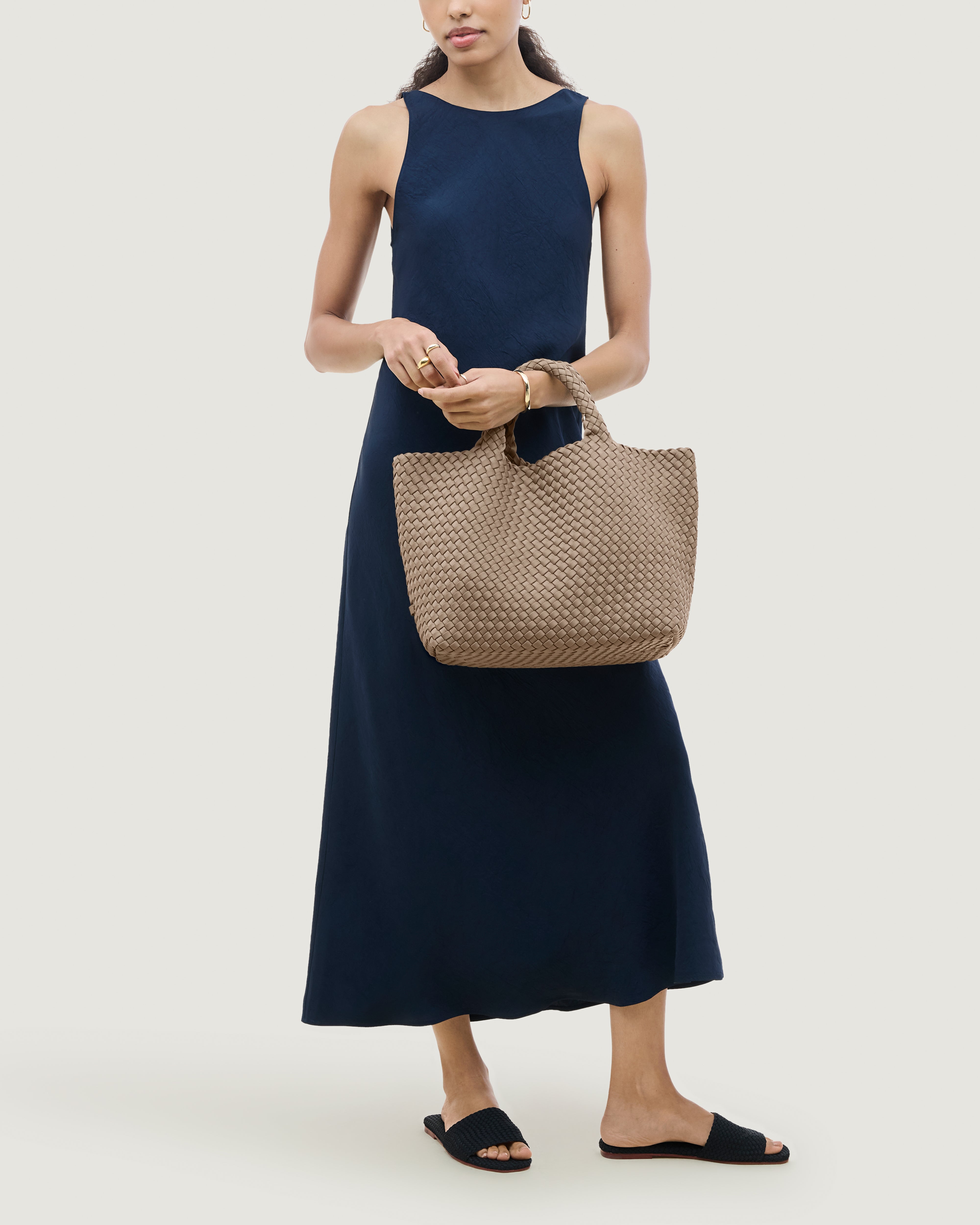 St. Barths Tote in Cashmere shown on model to illustrate scale and soft silhouette.
