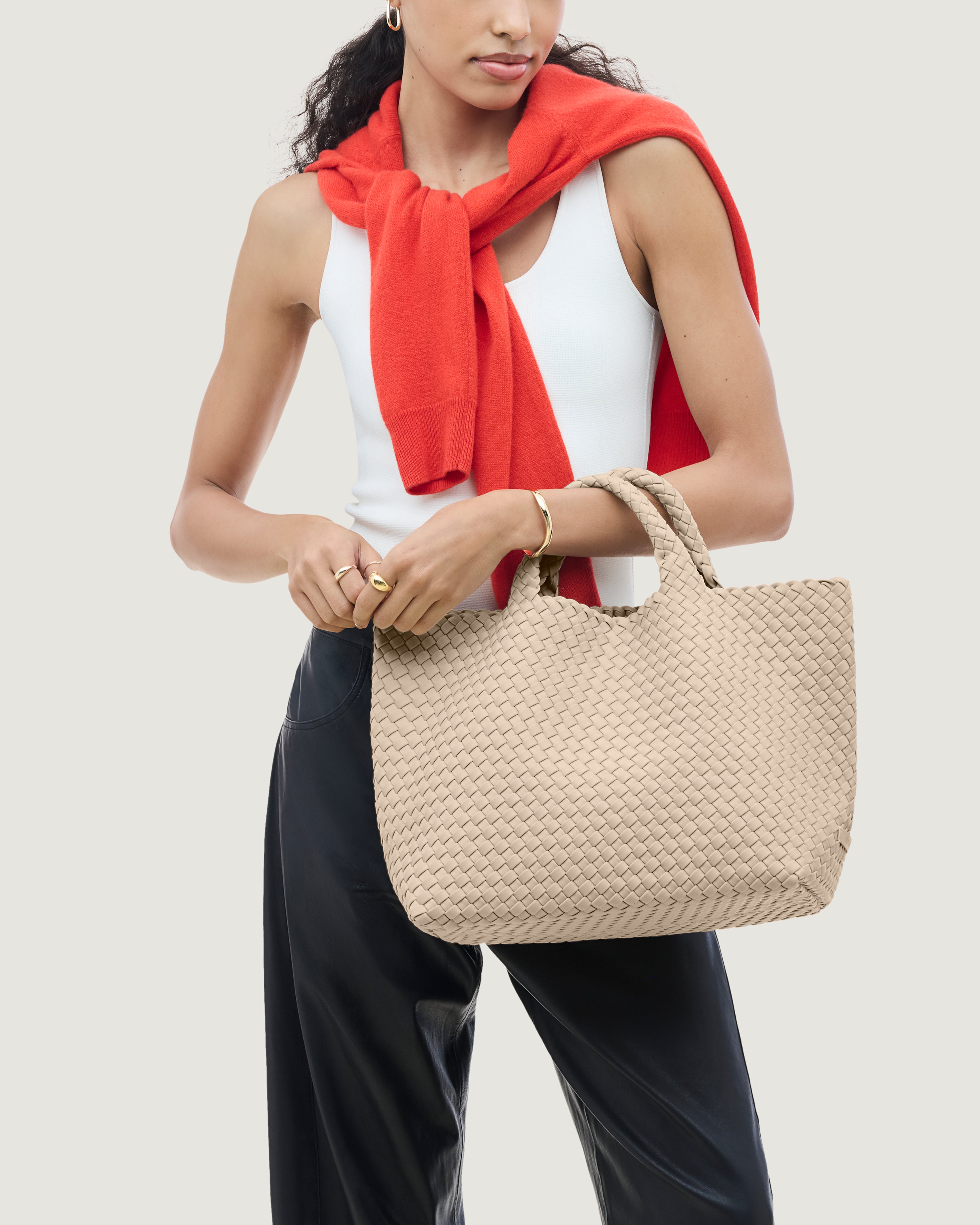 St. Barths Tote in Ecru shown on model to illustrate scale and soft silhouette.