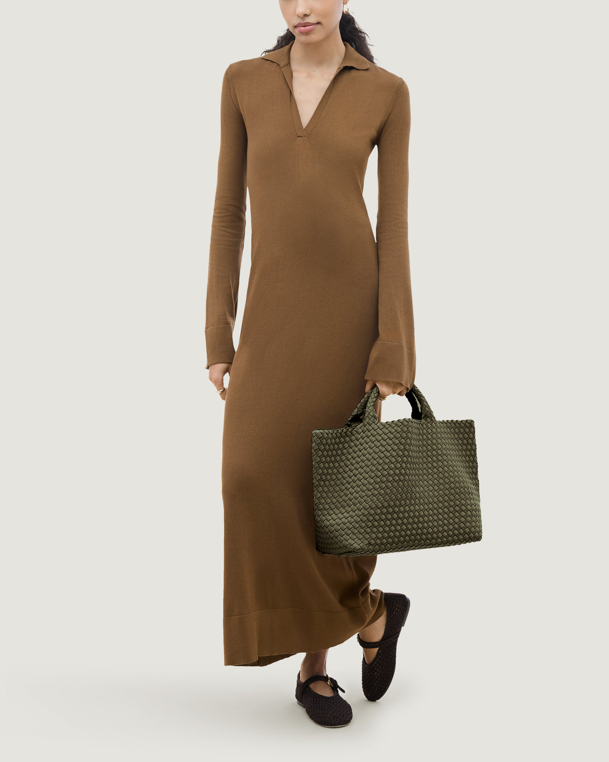 St. Barths Tote in Olive shown on model to illustrate scale and soft silhouette.