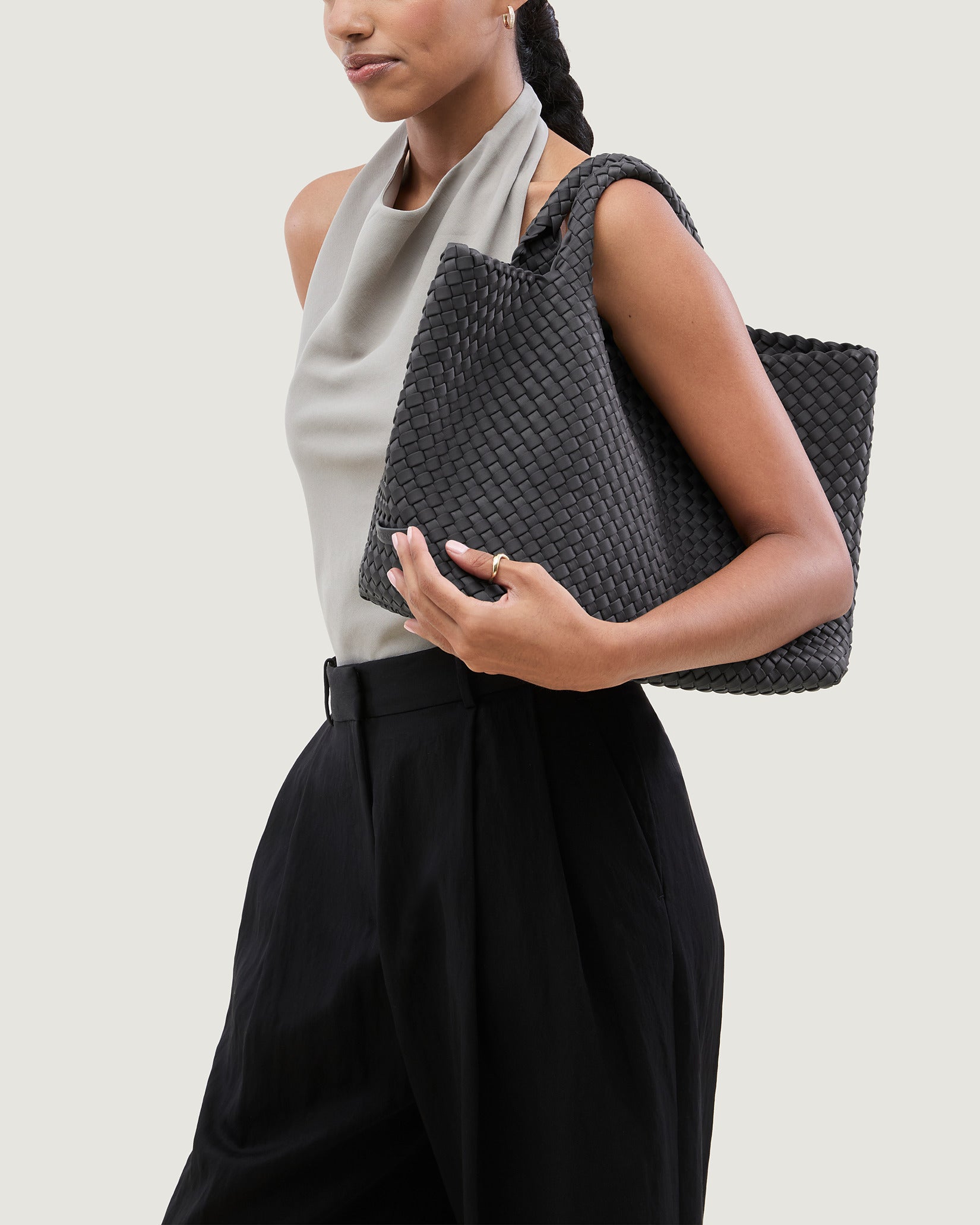 St. Barths Medium Tote Bag in Ash shown on model to illustrate scale and soft silhouette.