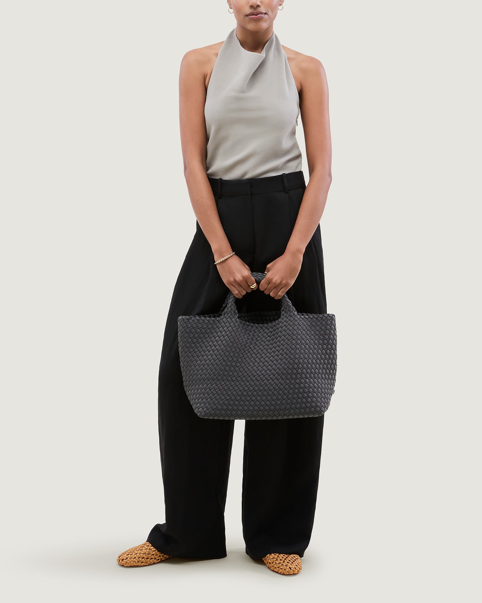 St. Barths Medium Tote Bag in Ash shown on model to illustrate scale and soft silhouette.