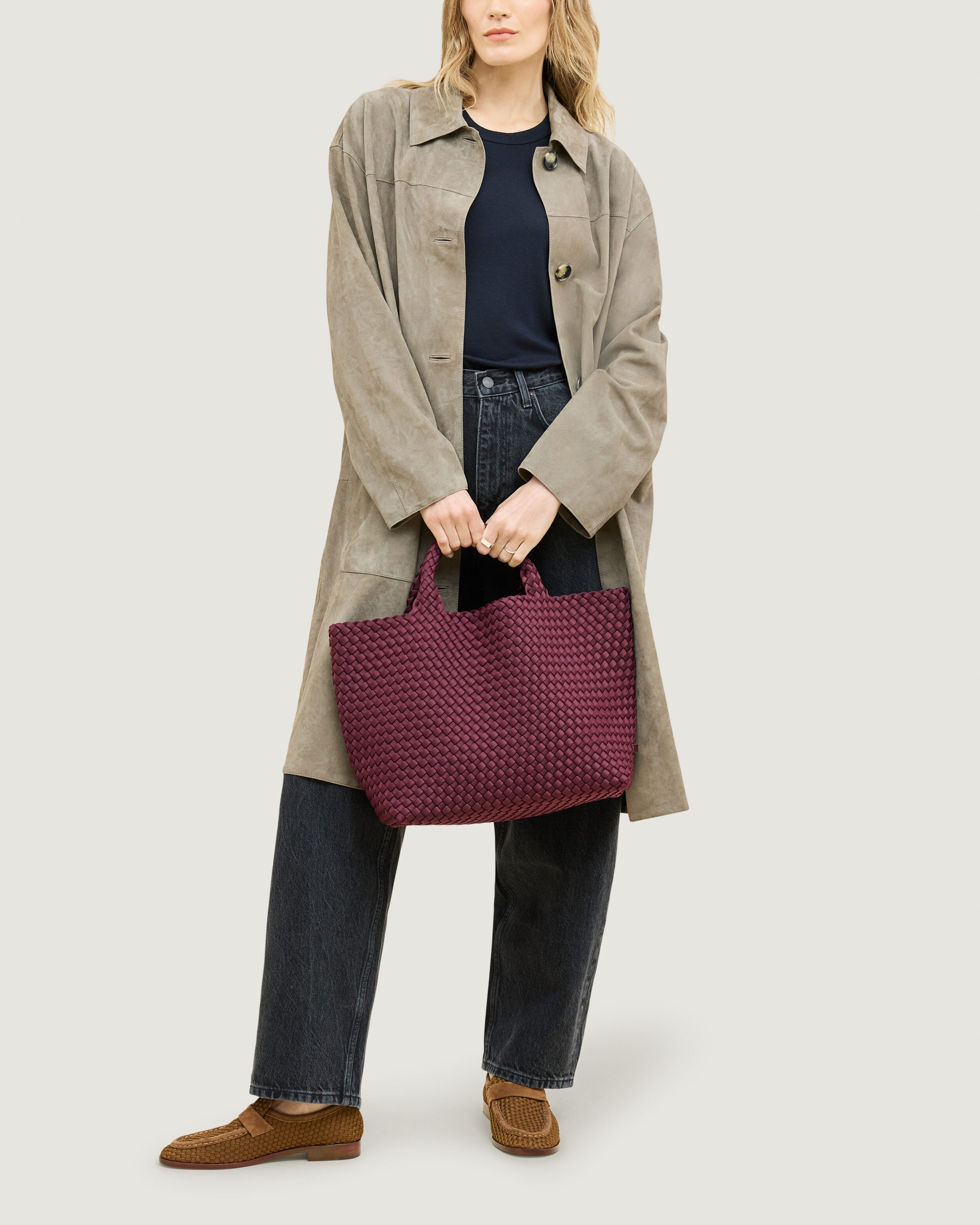 St. Barths Tote in Bordeaux shown on model to illustrate scale and soft silhouette.