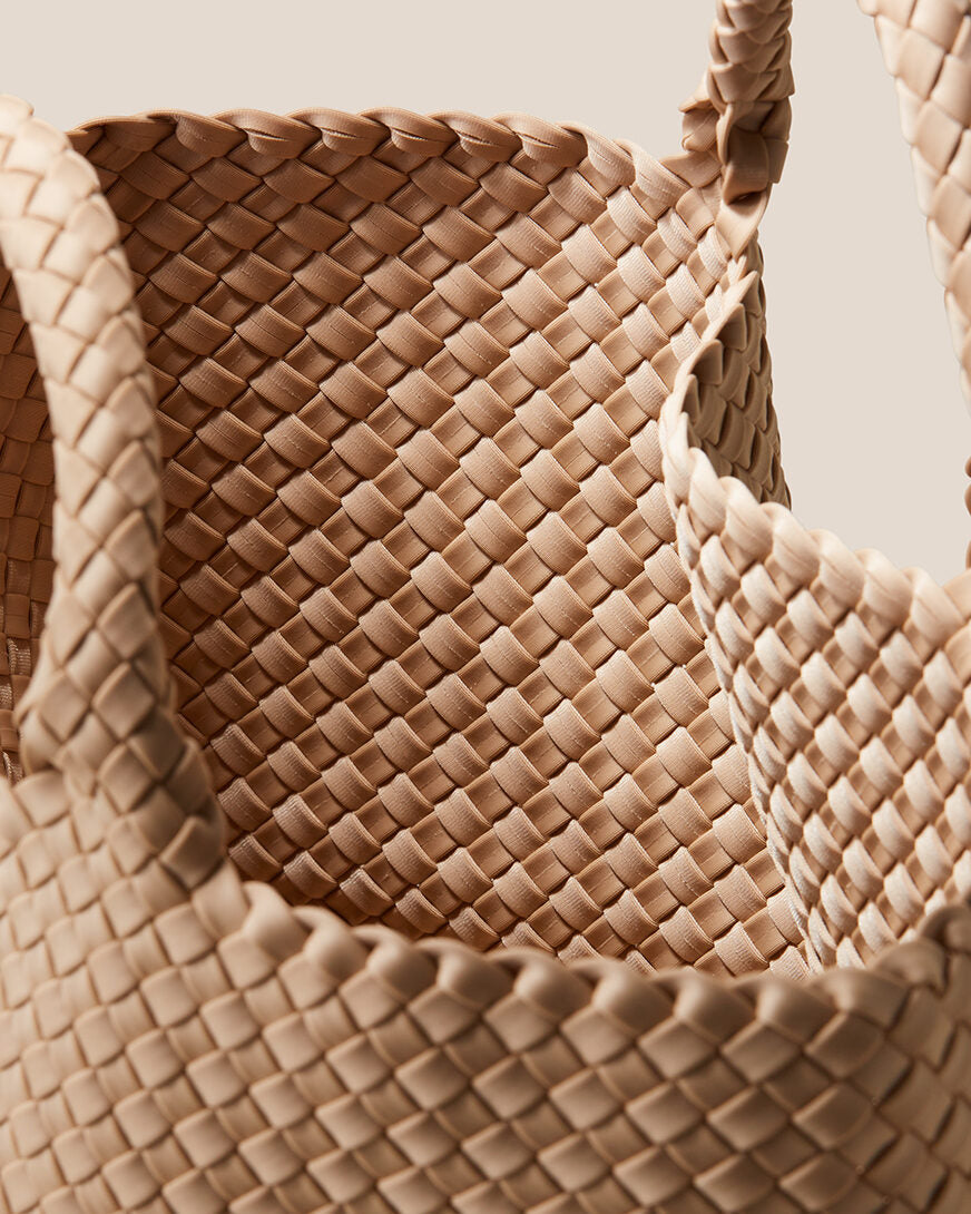 Interior close-up of St. Barths Tote in Camel showing its open top, and unlined interior.
