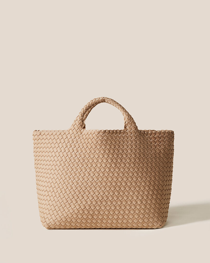 St. Barths Tote in Camel, a camel brown tone, in handwoven neoprene, featuring an open top, and woven top handles.