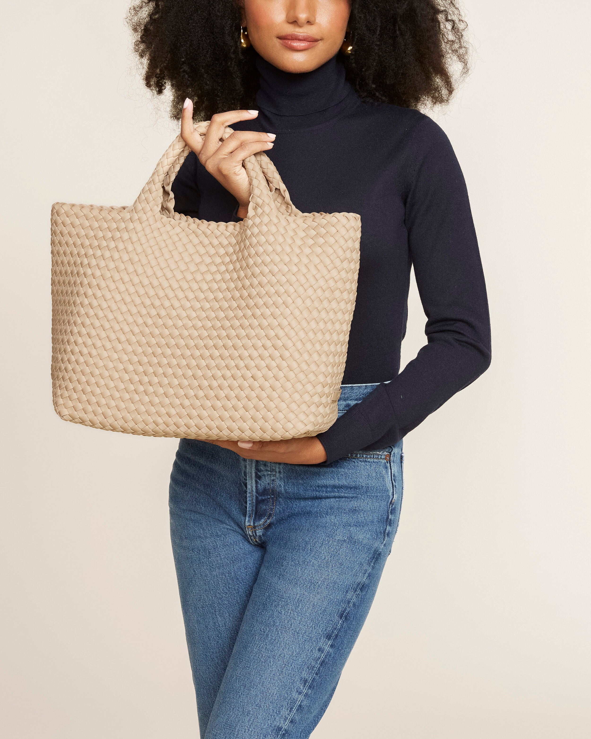 St. Barths Tote in Camel shown on model to illustrate scale and soft silhouette.